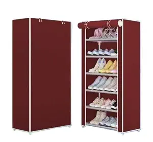 6-Layer Shoe Rack Stand with Covered Plastic Frame Ideal for Bedroom Living Room Hallway Maroon 1