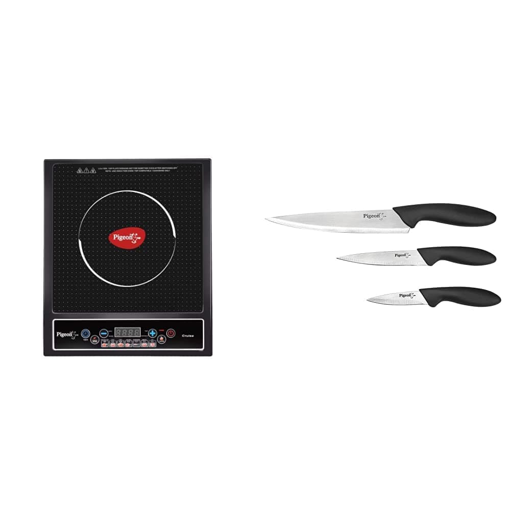 Pigeon by Stovekraft Cruise 1800-Watt Induction Cooktop (Black) & Stainless Steel Kitchen Knives Set, 3-Pieces, Multicolour Combo