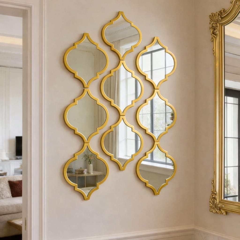 Set of 9 Quatrefoil Wall Mirrors – Decorative Moroccan Lattice Accent Mirrors – Interlocking Geometric Wall Art for Living Room, Entryway, and Bedroom Decor (Gold)