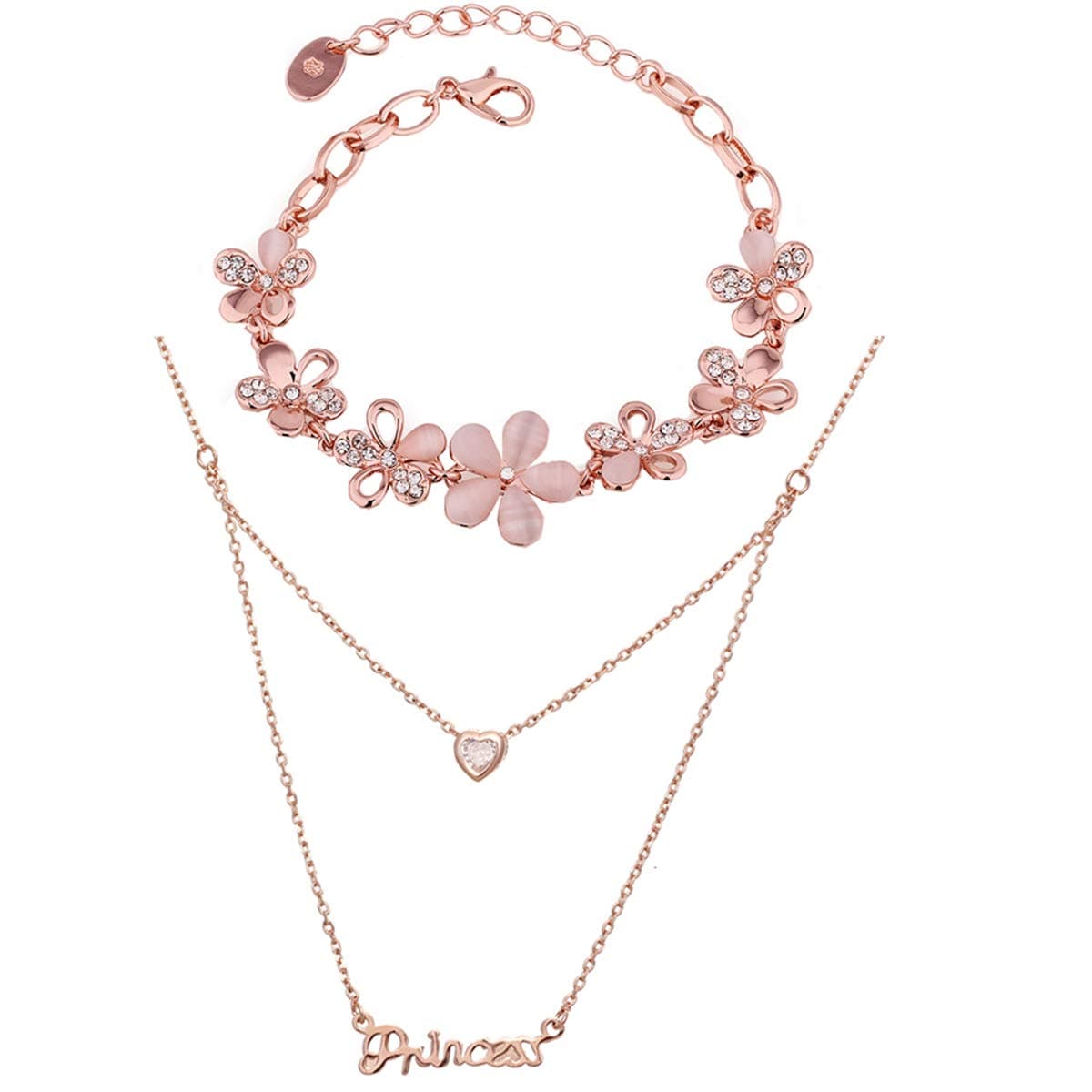 Aaishwarya AQUASTREET Exclusive Combo Of RoseGold Crystal Charm Bracelet And Love Bling Princess Layered Pendant Necklace/Chain for Women & Girls.