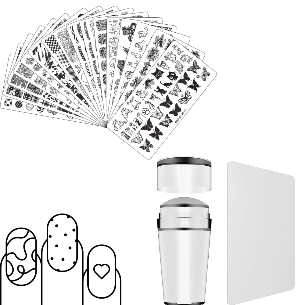 Nail Art Stamping Design Kit Rectangular Steel Design Plates and Silicone Stamper & Scraper Combo (2 Plates & 1 Stamper)