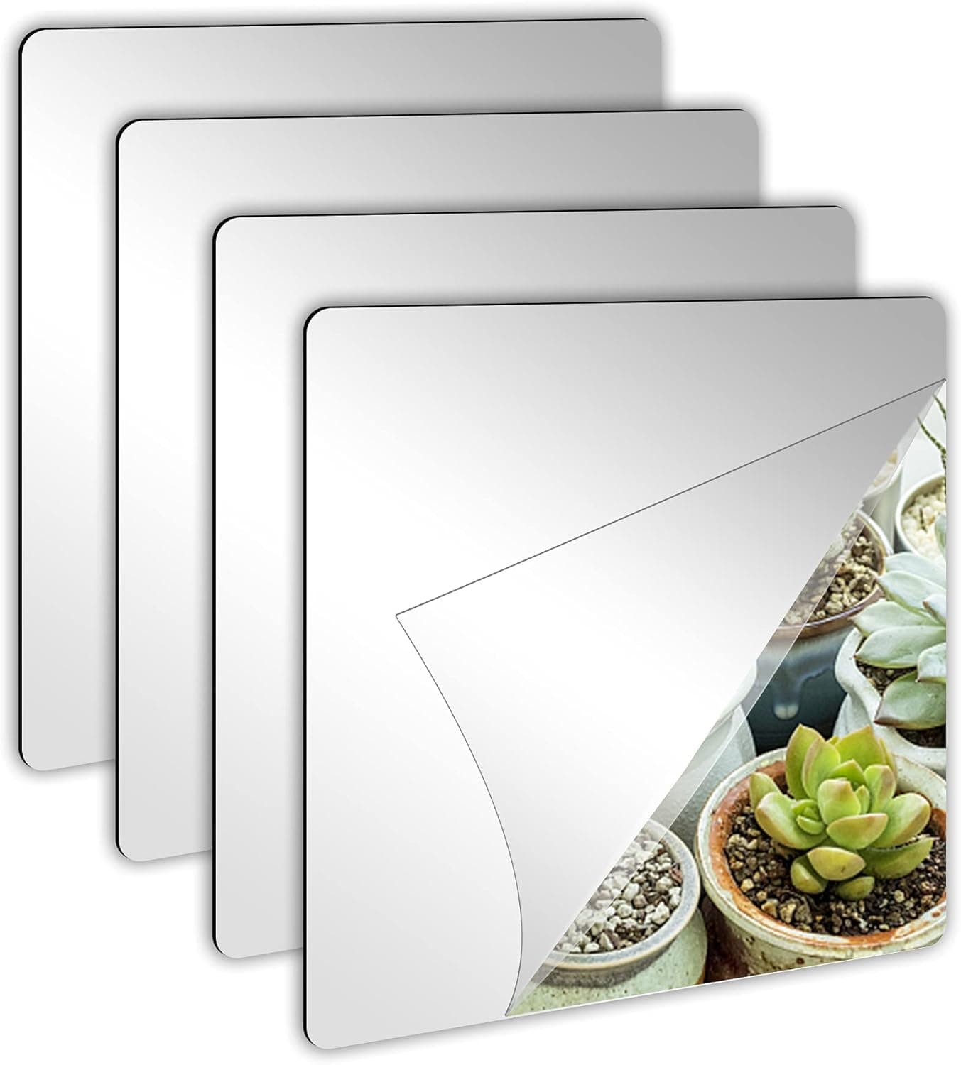 JUNEBRUSHS 4 Pack Self Adhesive Acrylic Mirror Tiles,Flexible Plastic Mirror Sheets Wall Stickers, 2MM Thick, 8 x 8 Inch, Small, Frameless Mirror (Unframed, Square, Transparent)