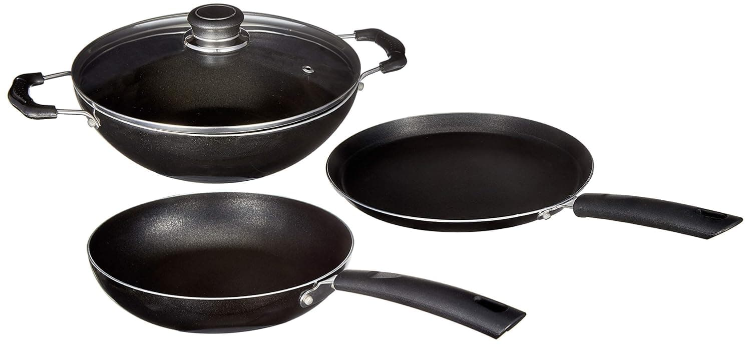 Amazon Brand - Solimo 3 Pcs Non Stick Cookware Set - Aluminium, Black