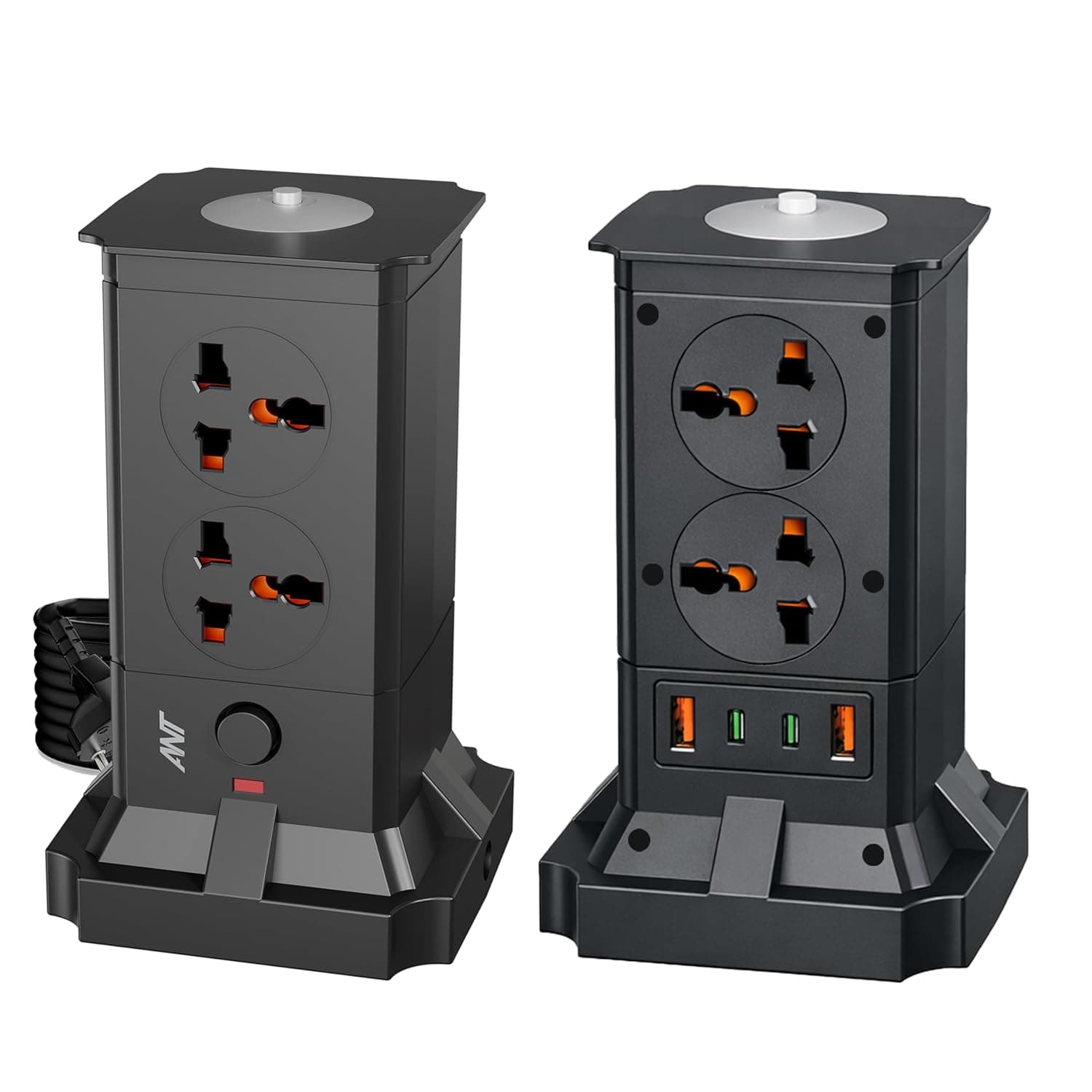 Ant Pulse Tower Extension Board 2500W 10A Power Strip, 4 Universal Sockets, 2USB & 2Type-C Ports, Surge Protector, Vertical Multi Plug Charging Station, LED Night Light for Home Office Gaming Setup