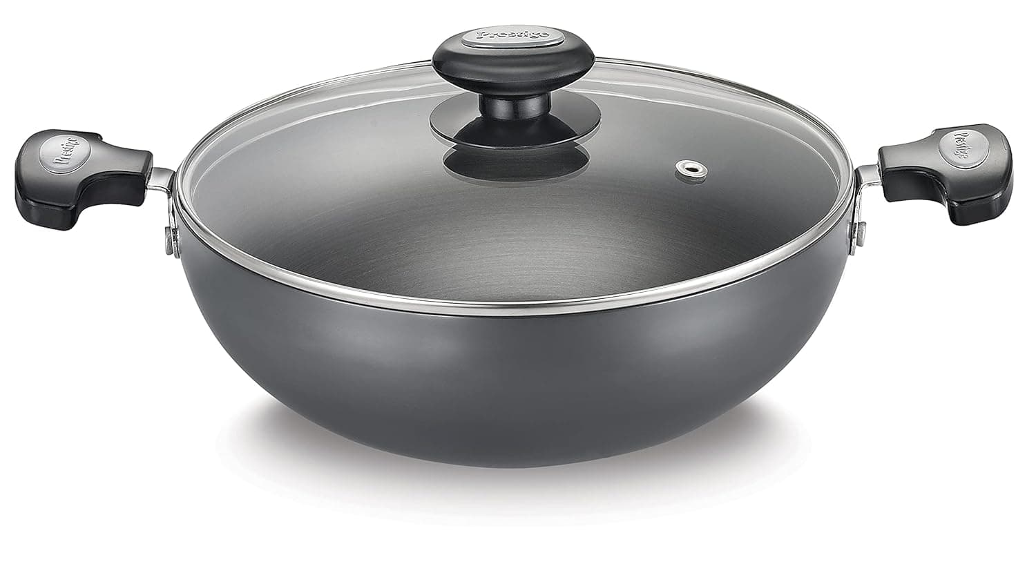 Prestige Hard Anodised Plus Gas and Induction Compatible Kadai with Glass Lid, 240 mm (Black)