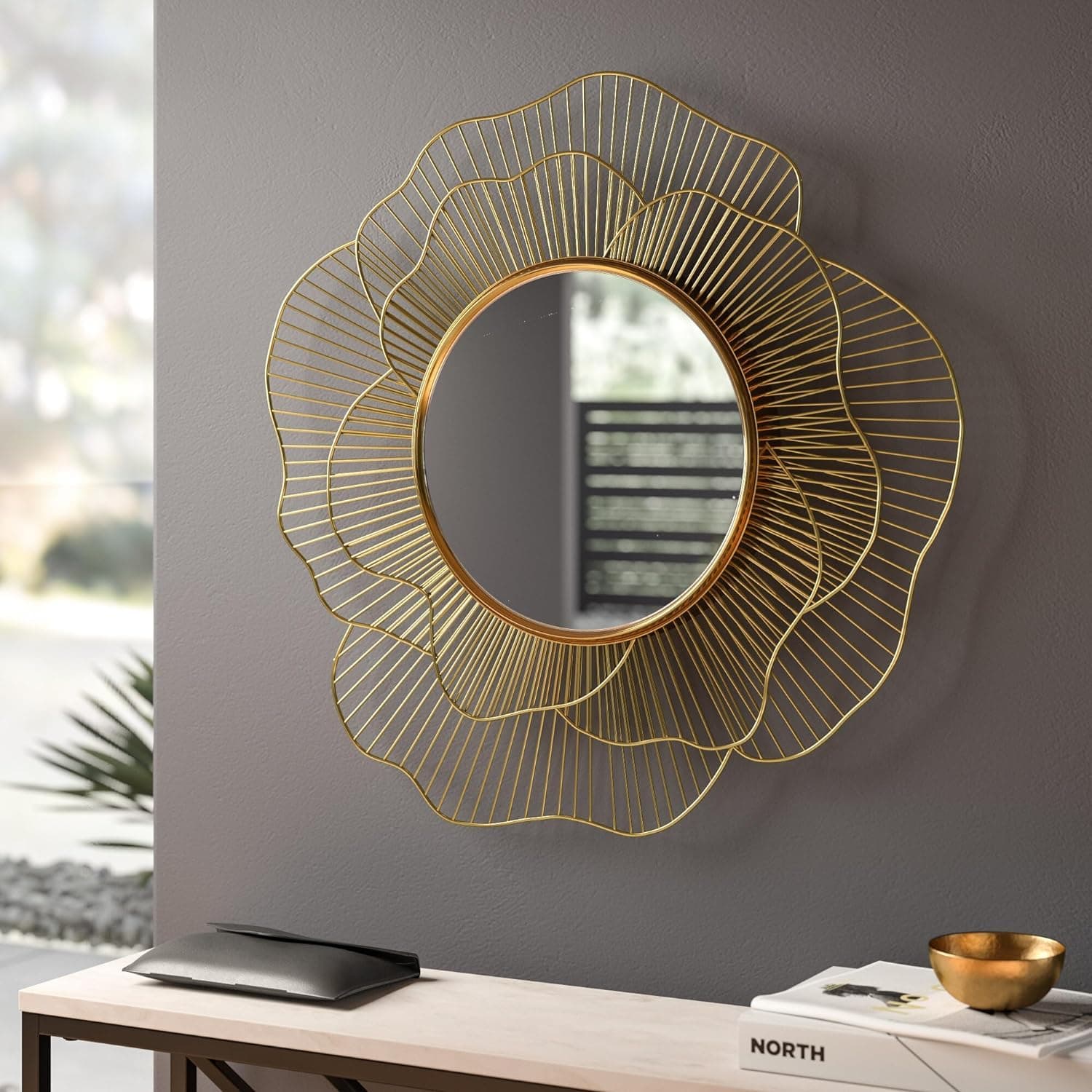 Artemade Iron Framed Decorative Wall Mounted Round Hanging Mirror | Golden Vintage Flower Leaf Design | Iron Framed Modern Art Hanging Mirror for Living Room, Bedroom & Home Decor (60 Cm)