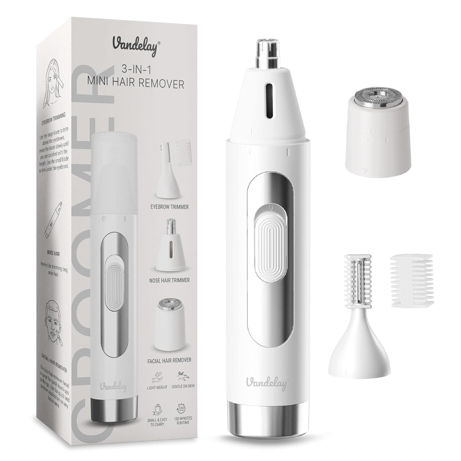 Vandelay 3-in-1 Facial Hair Remover for Women with Ring Light – Eyebrow, Nose & Ear Trimmer, USB Rechargeable Face Hair Remover for Upper Lip, Chin & Cheeks, Portable Cordless Epilator, Waterproof, Low Noise (White)