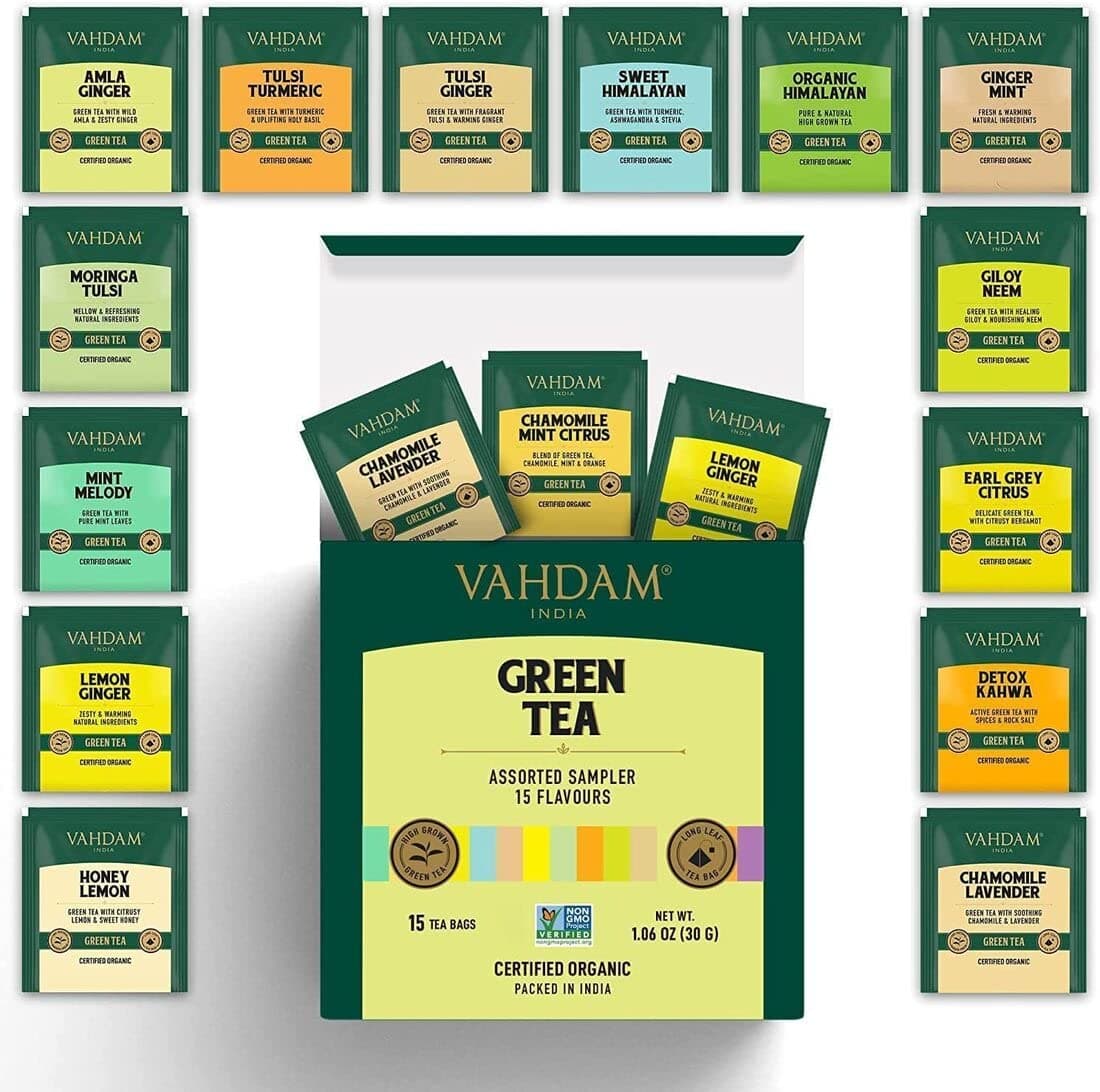 VAHDAM, Assorted Green Tea Sampler Gift Set (15 Flavors, 15 Count) Gluten Free, Non GMO | Tea Variety Pack - Long Leaf Pyramid Green Tea Bags Variety Pack | Gifts For Him/Her | Gifts for Women & Men