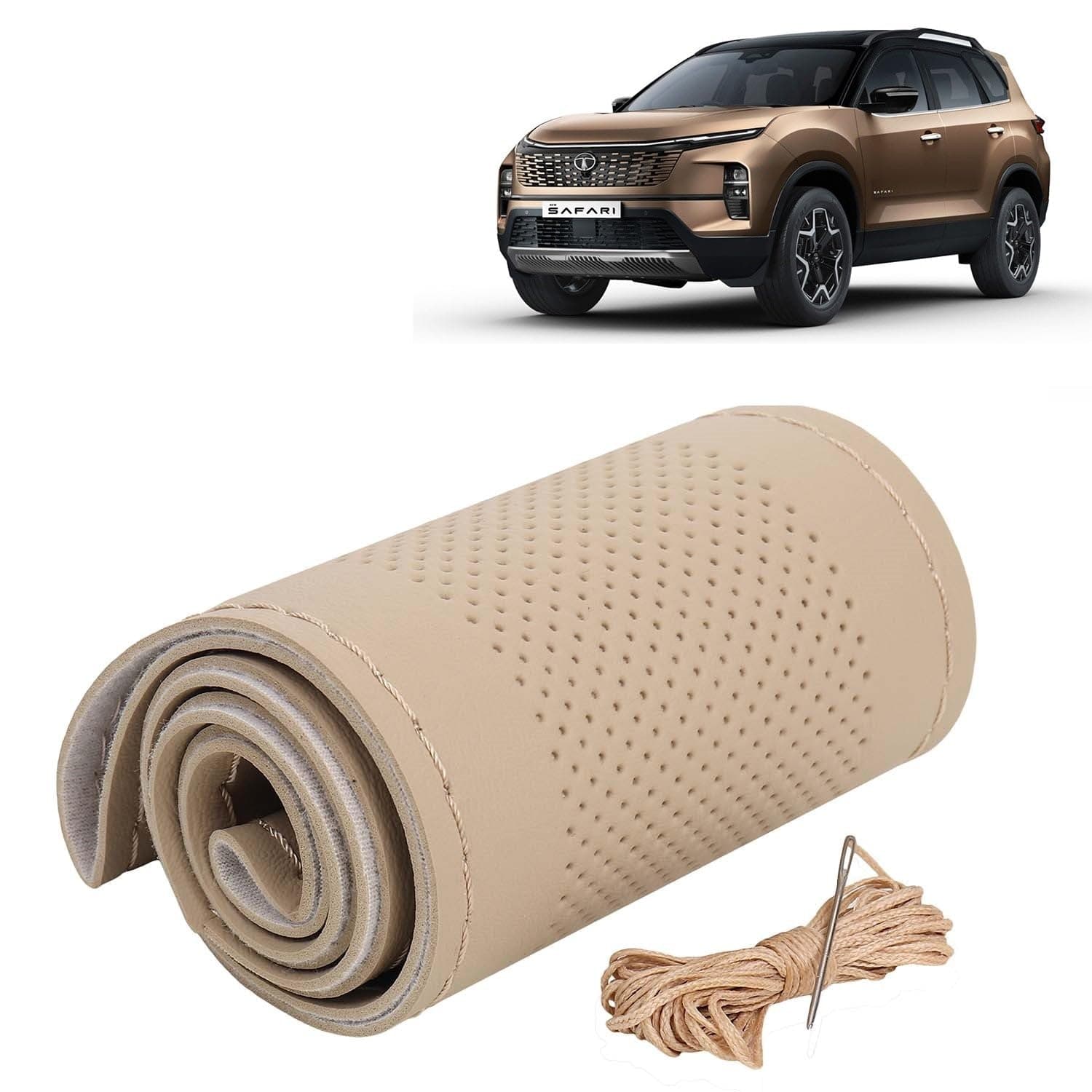 KINGSWAY® Car Steering Wheel Cover Sewable Compatible with Tata Safari (Year 2023 Onwards), Top-Notch PU Leatherite, Beige Color with Beige Thread, Pack of 1 with Sewing Needle and Thread