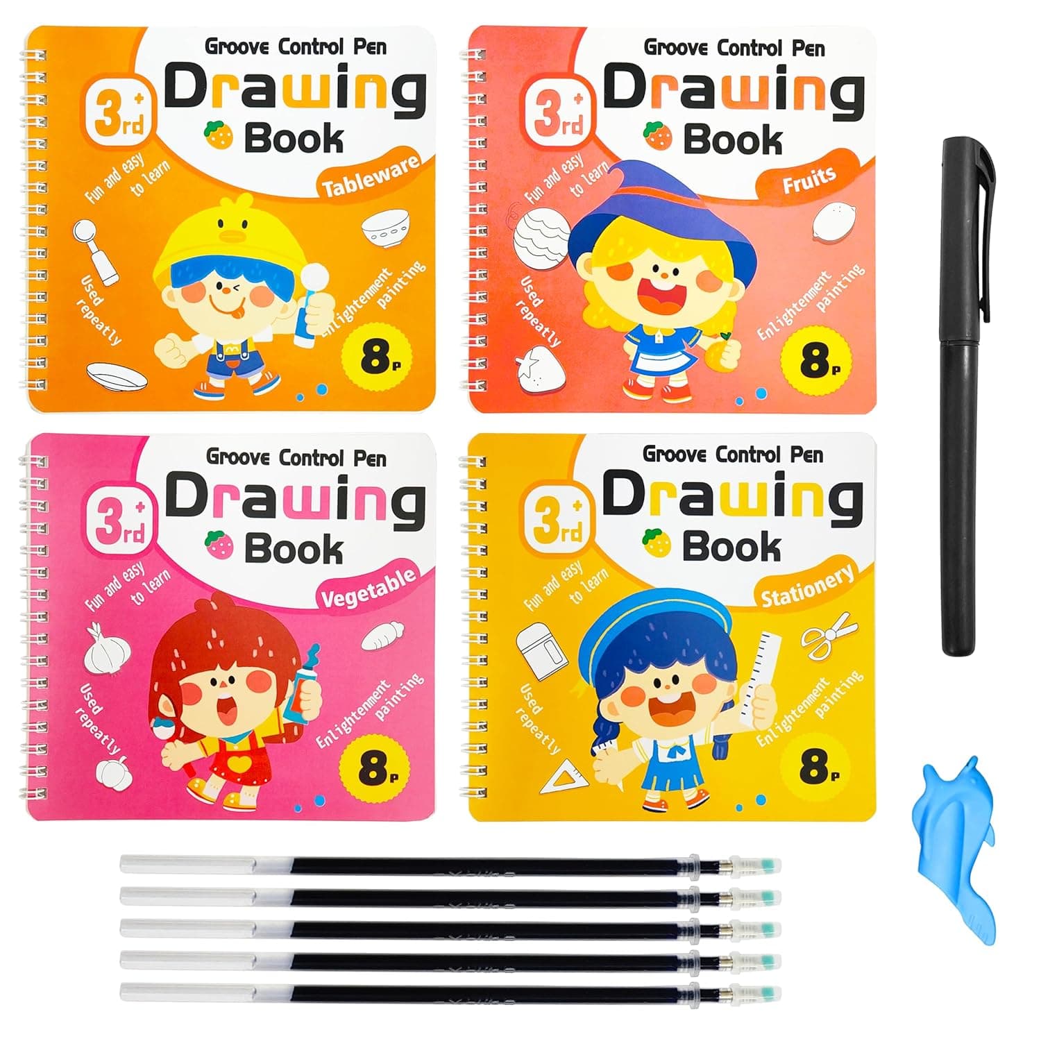 VGRASSP 4 Pcs Educational Magic Drawing Tracing Book Toy for Kids - Reusable Art & Crafts Practice Workbook with Pen and 5 Refills - Grooved Doodle Book - Color and Design As Per Stock