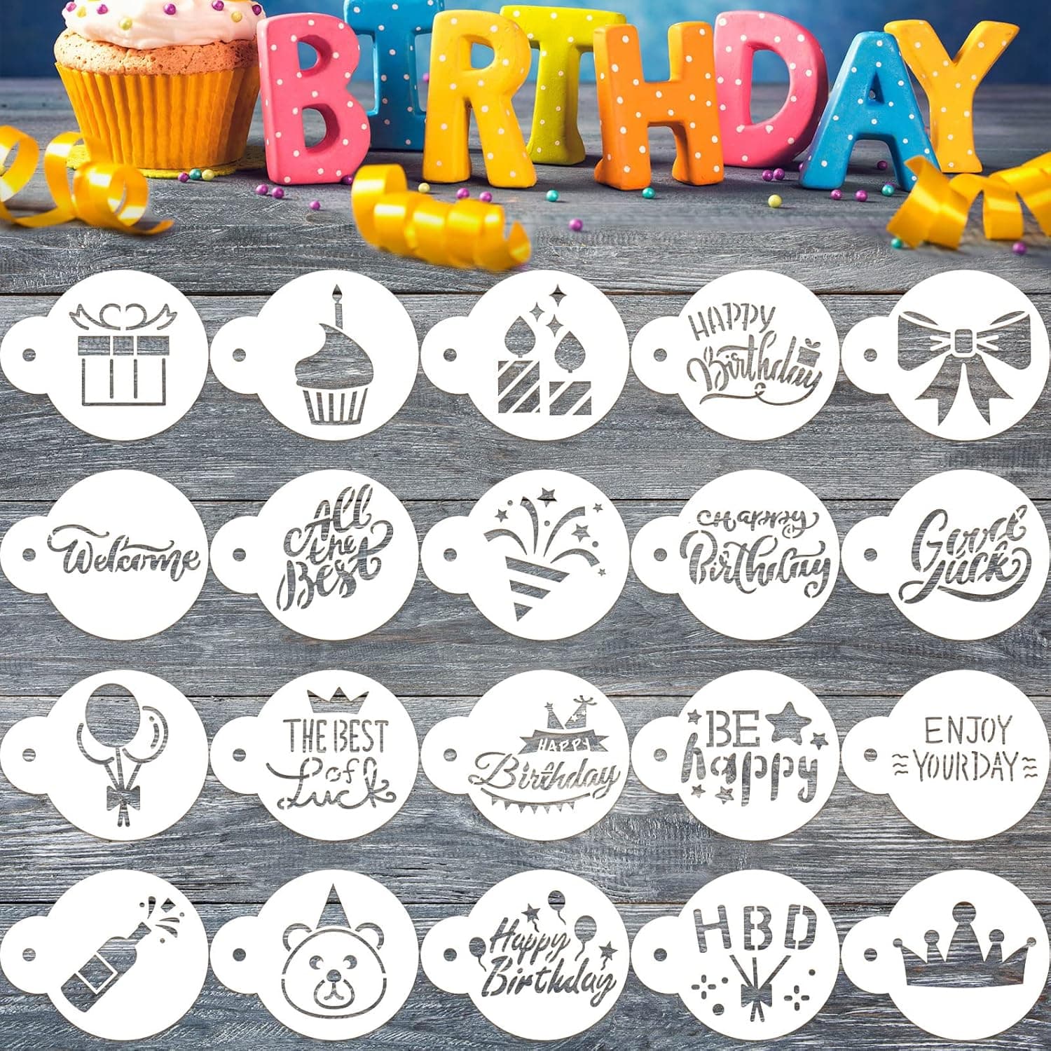 20 Pieces Birthday Cookie Stencil Templates Decoration Cookie Stencil for Birthday Coffee Cake Templates Reusable Painting Mold Tools, Dessert, Coffee Decorating Mold(Bow Style)