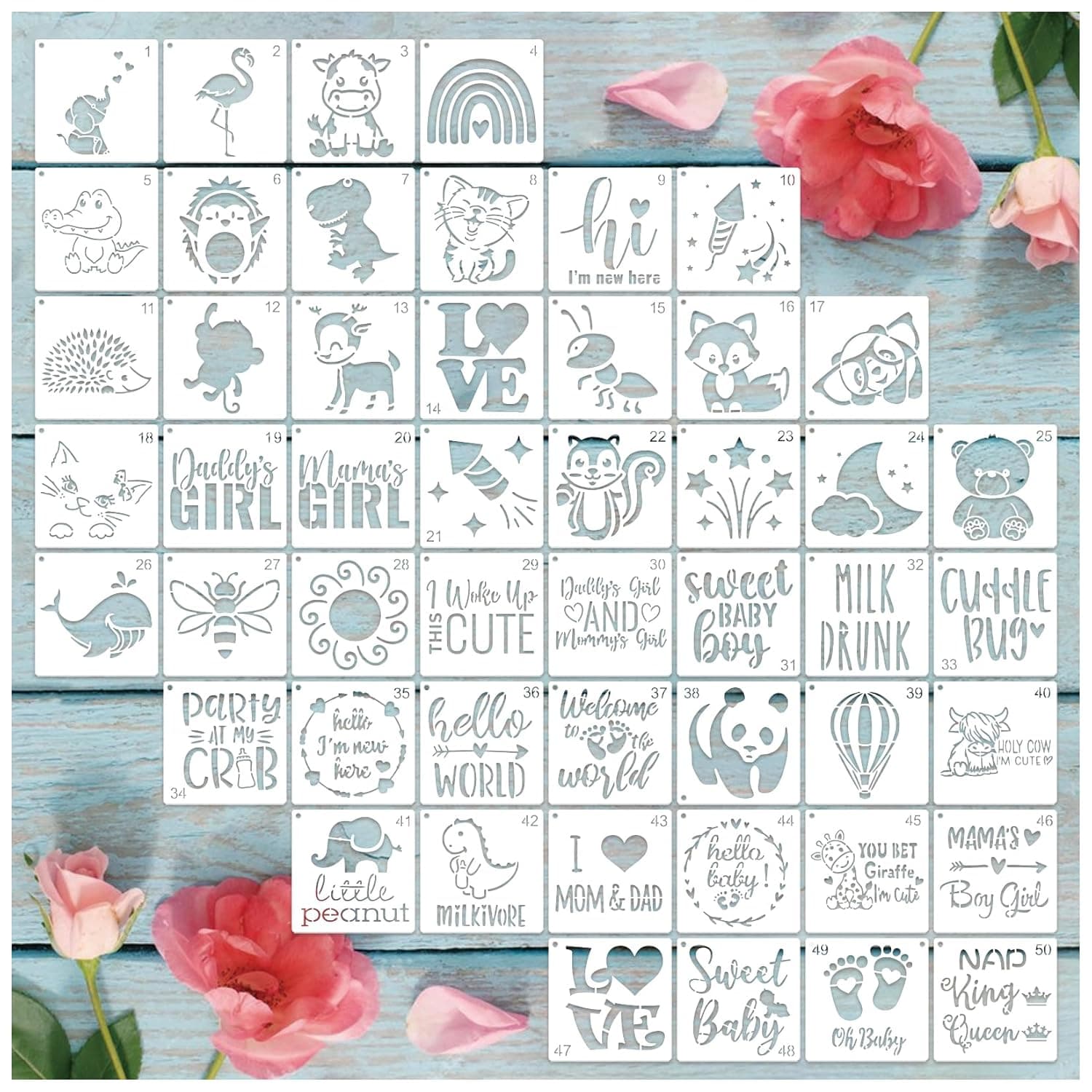 50Pcs Baby Shower Stencils for Painting Onesie Decorating Kit Fabric Stencil Reusable Templates for Painting on Onesies Shoes Bibs Clothes Cookie Bodysuit (50 pcs)