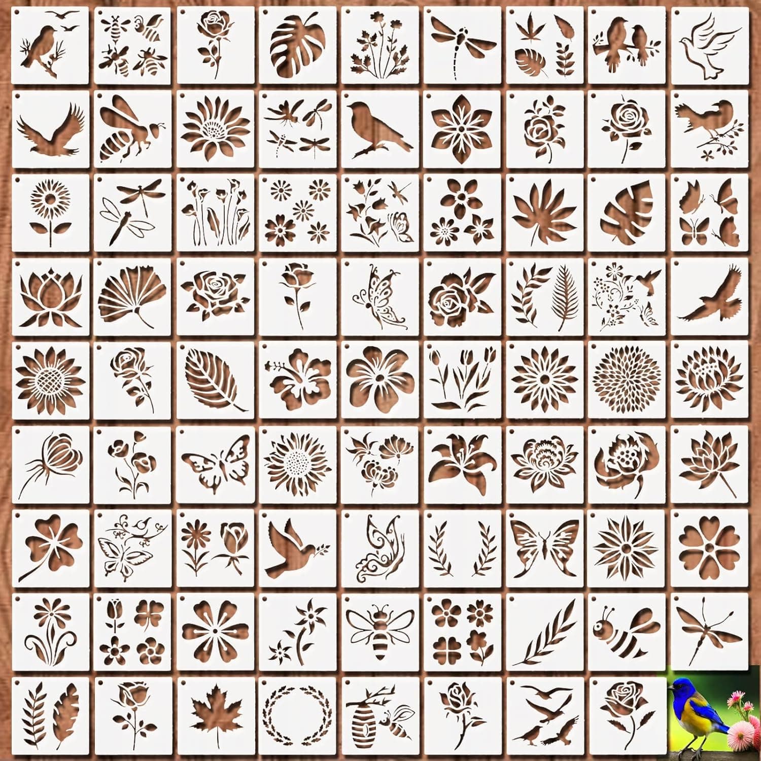 Flower Birds Butterfly Stencils, 80PCS 3 x 3 Inch Reusable DIY Painting Templates for Crafts Wood, Canvas, Fabric, and Home Décor