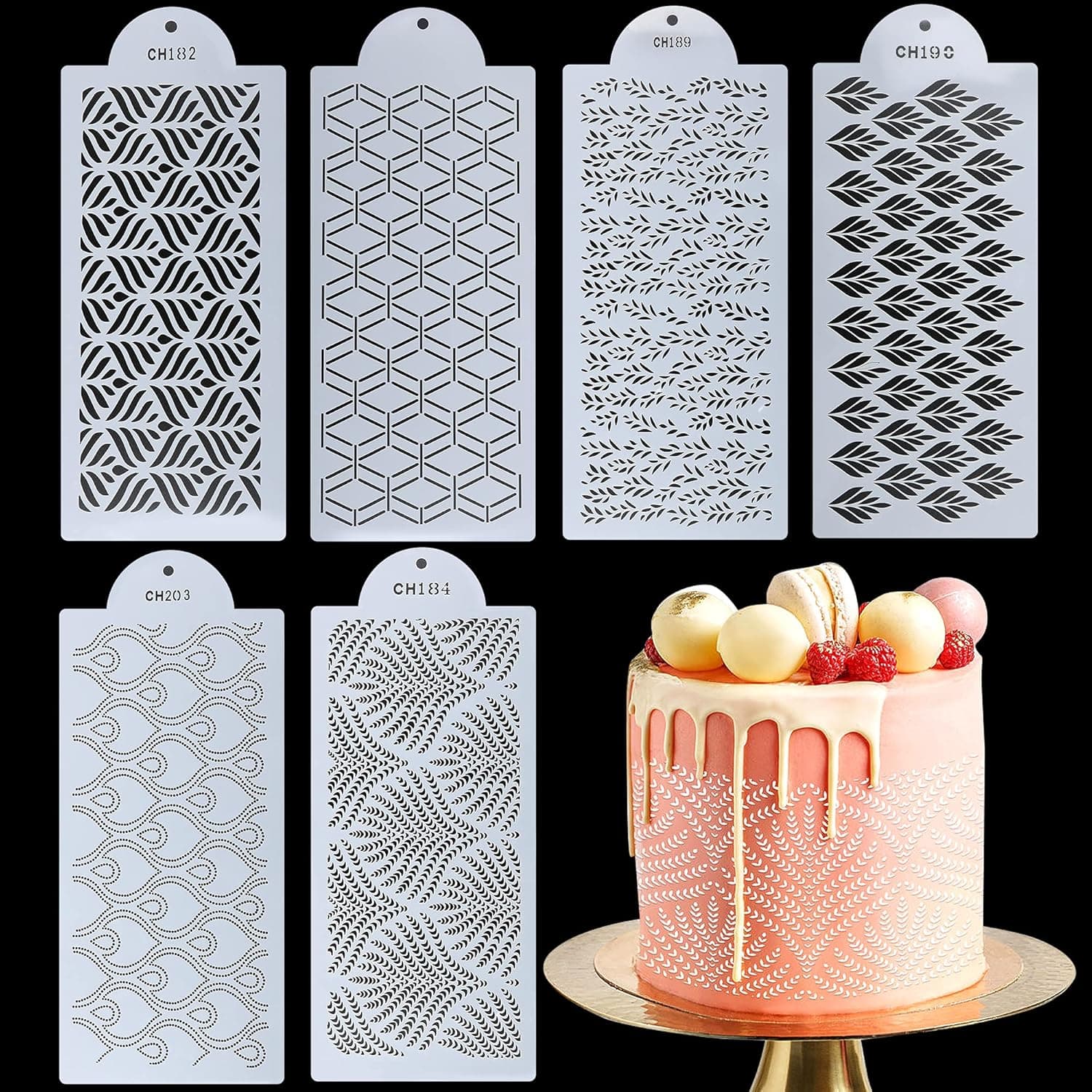 6PCS Cake Decorating Stencils, 13.8 x 6 Inch Cake Stencils Decorating Buttercream, Spray Floral Cake Templates Set, Plastic Cake Molds for Fondant Baking Dessert Cookie Birthday Wedding