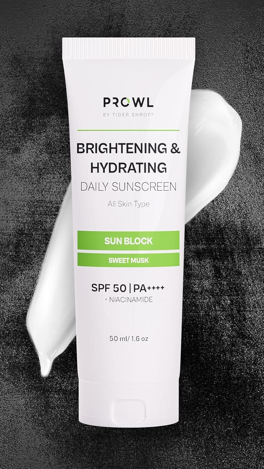 PROWL by Tiger Shroff Brightening and Hydrating Sunscreen SPF 50 PA++++ with Niacinamide for Oily, Dry, Acne Prone Skin for Men Protection | No White Cast Face Sun Screen | Non-Greasy Texture Gel Suncream | Sweet Musk | 50ml
