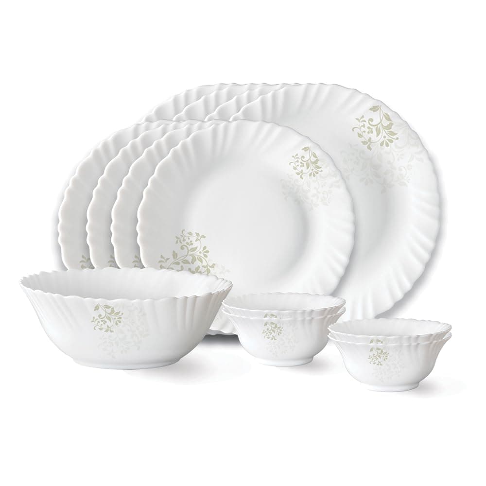 Larah by Borosil Ingot Fluted Series Opalware Dinner Set | 13 Pieces for Family of 4 | Microwave & Dishwasher Safe | Bone-Ash Free | Crockery Set for Dining & Gifting | Plates & Bowls | White