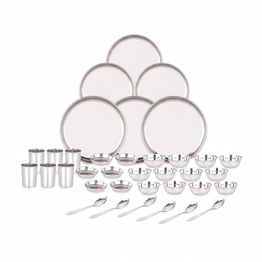 36 Pieces Stainless Steel Dinnerware/Dinner Set - 6 Thali, 6 D.Plate, 12 Bowl, 6 Glass, 6 Spoon, Kitchen Set for Home & Restaurants, Family - Silver,Solid