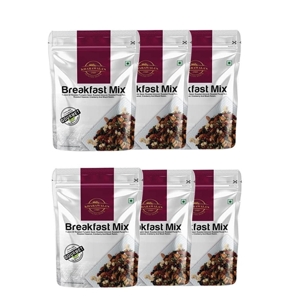 KHARAWALA'S Breakfast Mix - Pack of 6 (200gm Eac) | Fusion of Roasted Pumkin Seed, Almonds, Pecan Nuts, Hazelnut, Cranberry & Black raisins