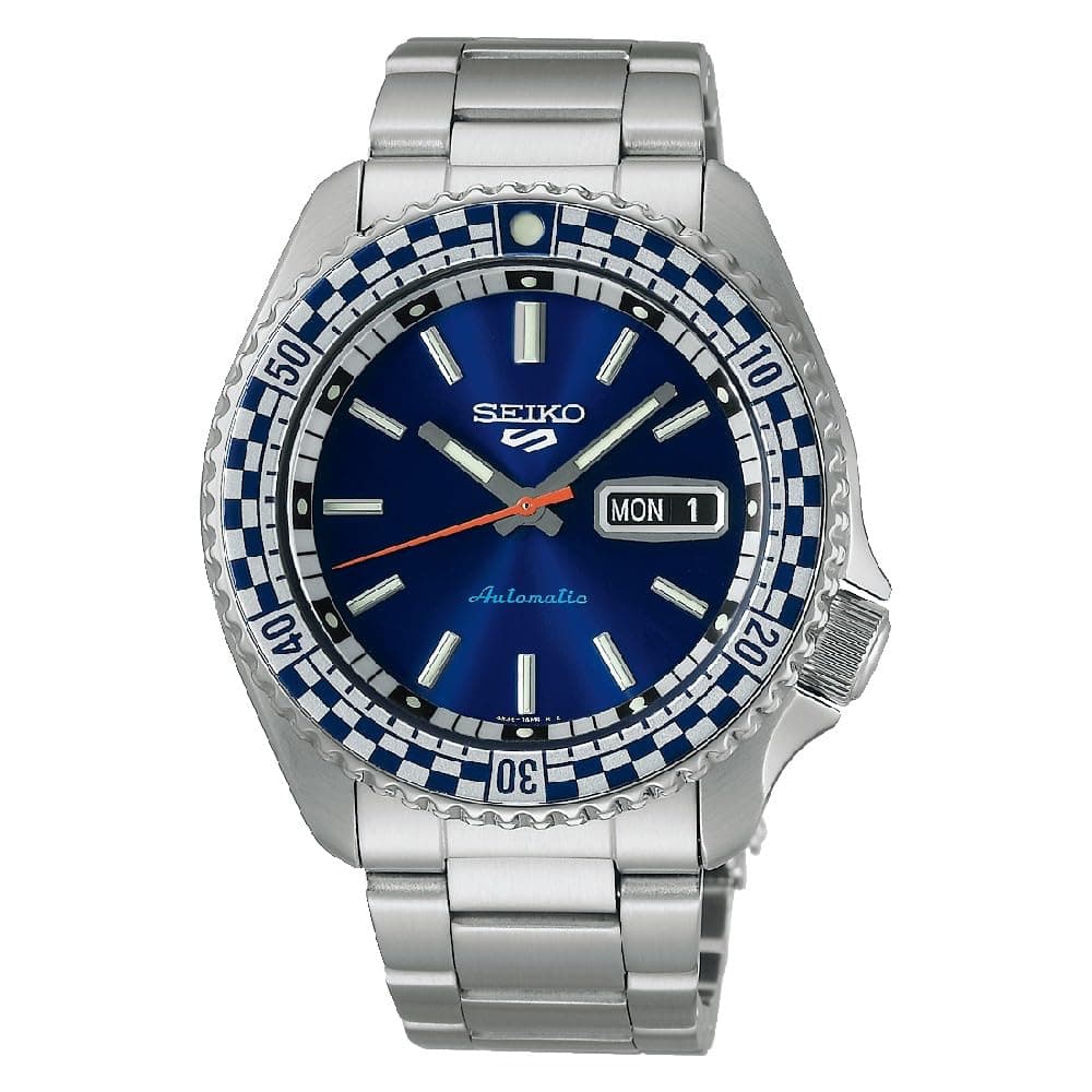 Seiko Stainless Steel Men 5 Sports Petrol Blue Dial 'Checker Flag' Analogue Special Edition-Srpk65K1, Bandcolor-Silver