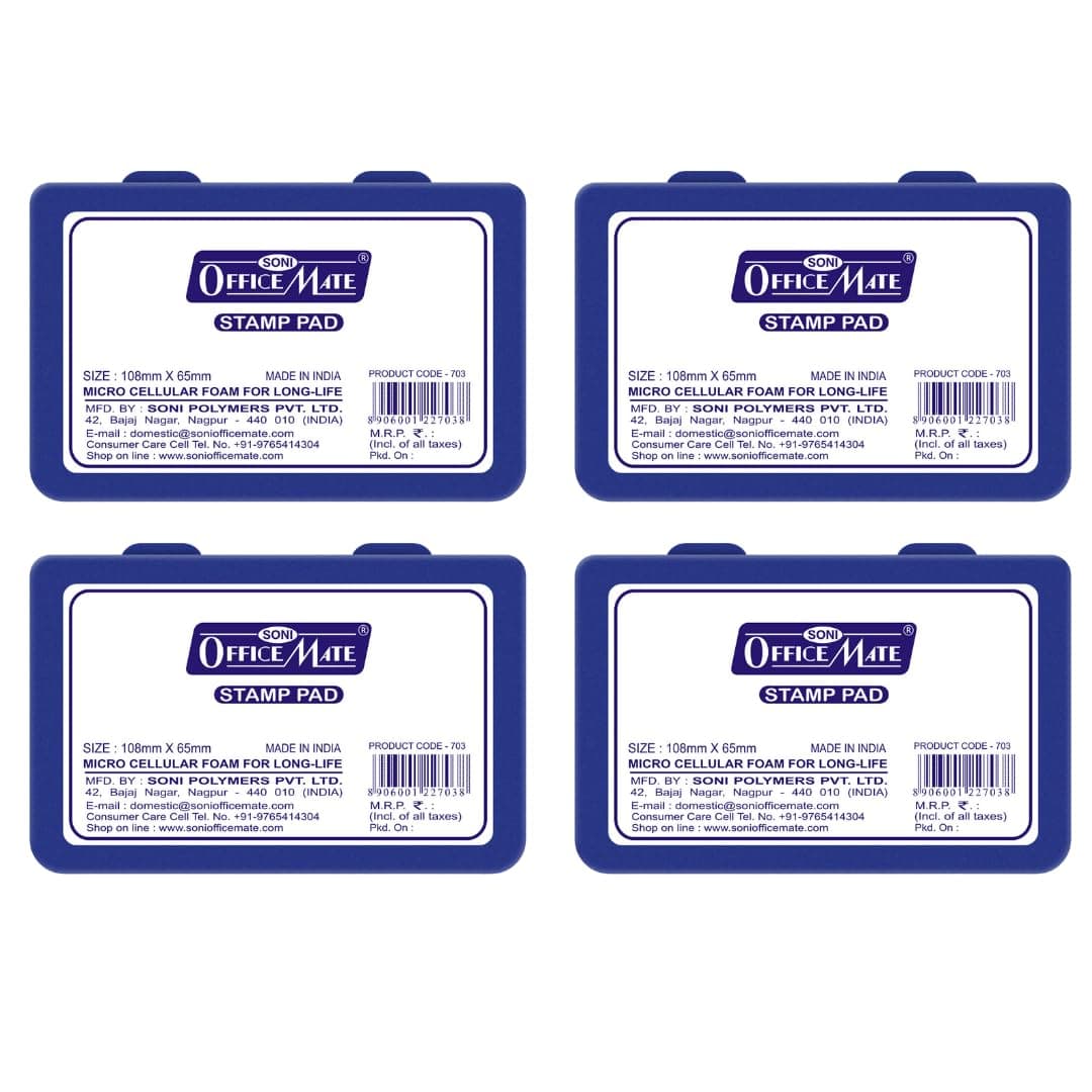 Soni Officemate Small Stamp Pad Blue Pack of 4 | Quick-Dry, Smudge-Free Ink | Crisp Impressions | Refillable & Durable | For Office, School, Craft & DIY