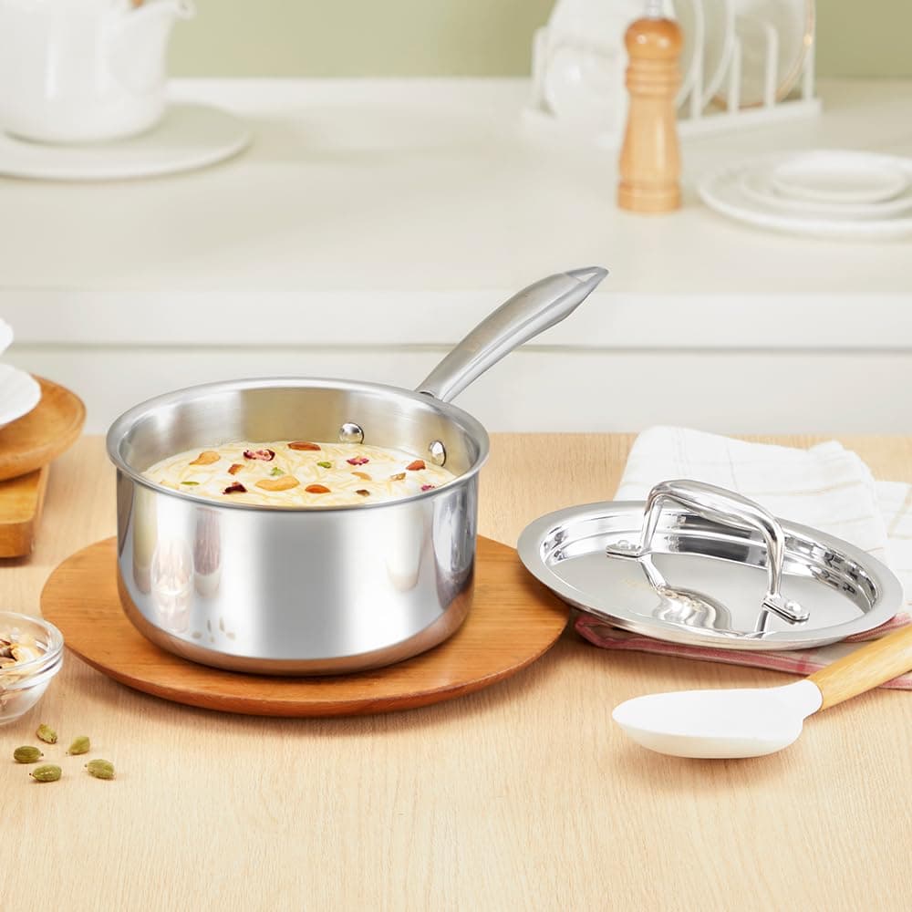 Borosil Cookfresh Triply Stainless Steel Straight Shape Sauce Pan with Lid | SS304 Food Grade Steel, Dishwasher Safe | Compatible for Gas, Induction, Hot Plate, Halogen | 5 Years Warranty (18 cm)