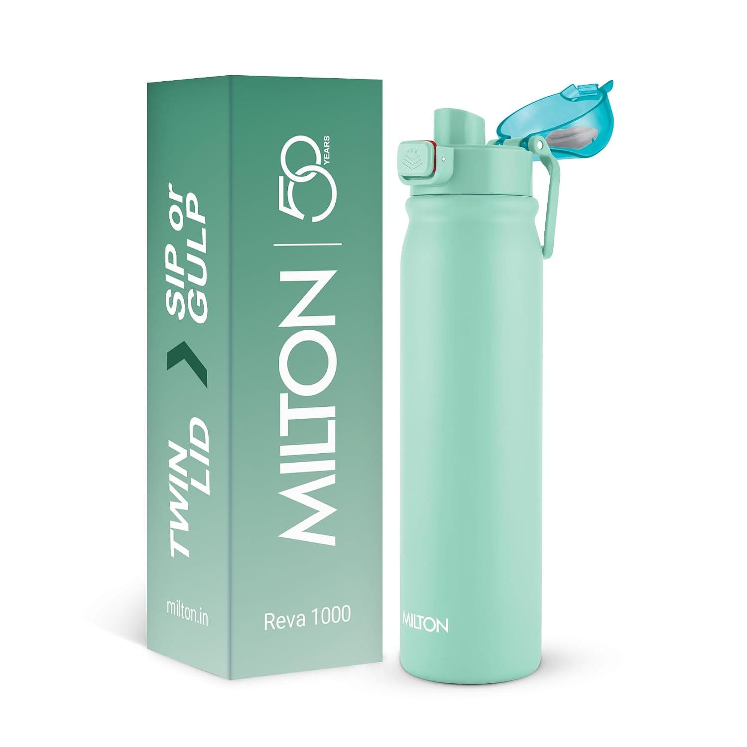 MILTON Reva 1000 ISI Certified Stainless Steel Water Bottle with Twin Lid Sip or Gulp, 1 Litre | Single Wall, BPA-Free, Leakproof | Sturdy Handle | Ideal for Home, Office, Gym & Travel, Aqua Green