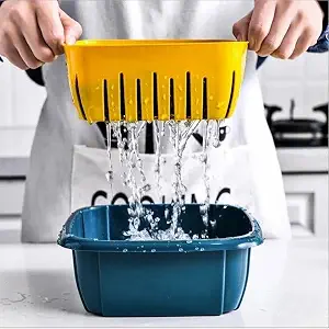 Tosaa Vegetables Fruit Wash Double Drainer Bowl Basket for Kitchen with Lid, 3 in 1 Kitchen Sink Sieve for Washing Cleaning Food Fruit and Vegetable Wash (1Pcs)