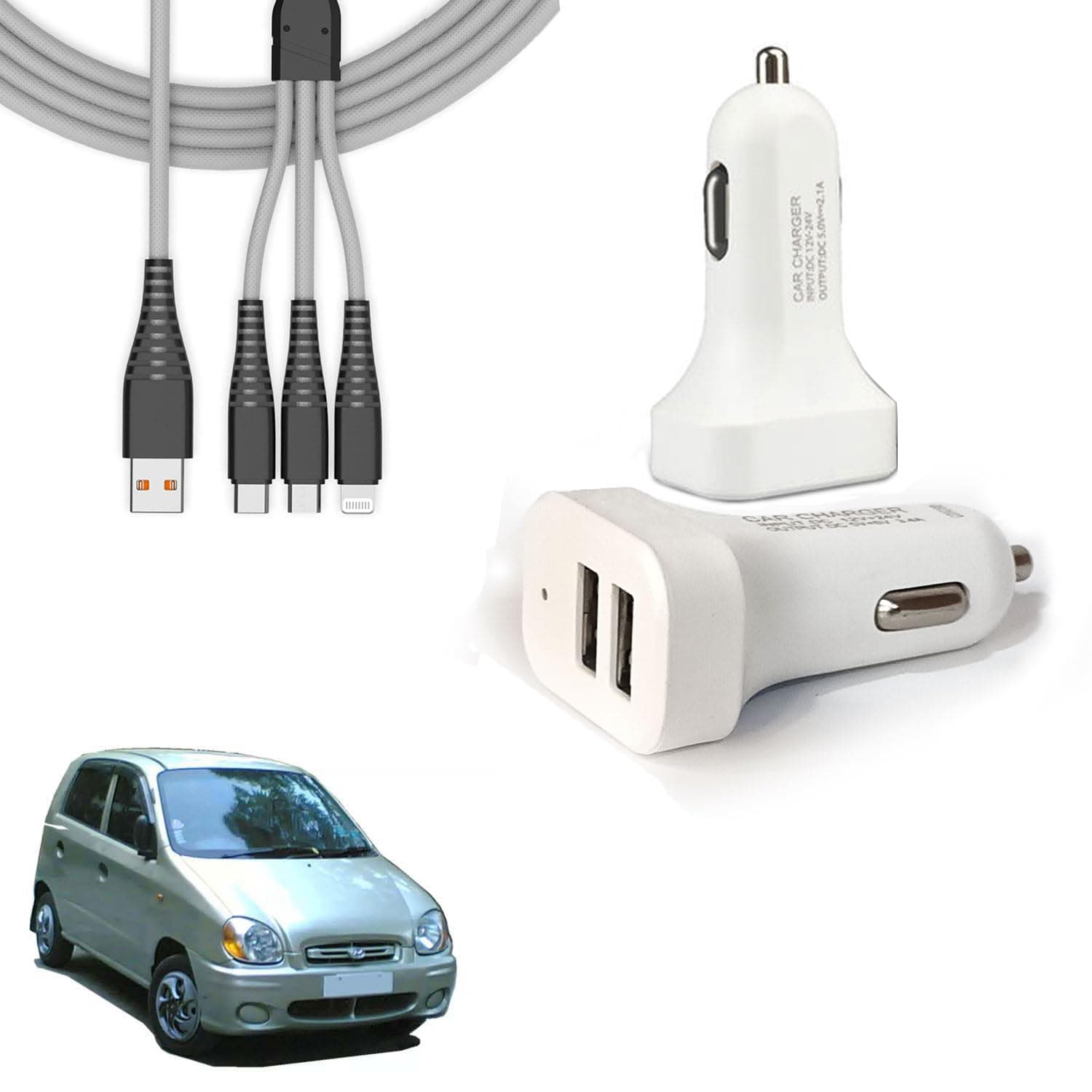 Auto Pearl 2 Ports Fast Car Charger with 3 in 1 White Cable, Dual USB, Turbo Charger, Compatible with Santro 1998-2006