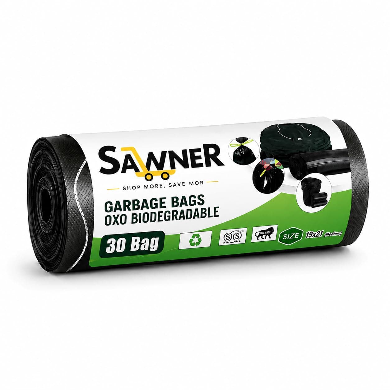 Garbage Bags 19 x 21 Inch Medium Size, 30 Bags (1 Roll), Black Dustbin Bags, Leak Resistant Trash Bags for Kitchen, Bathroom & Office