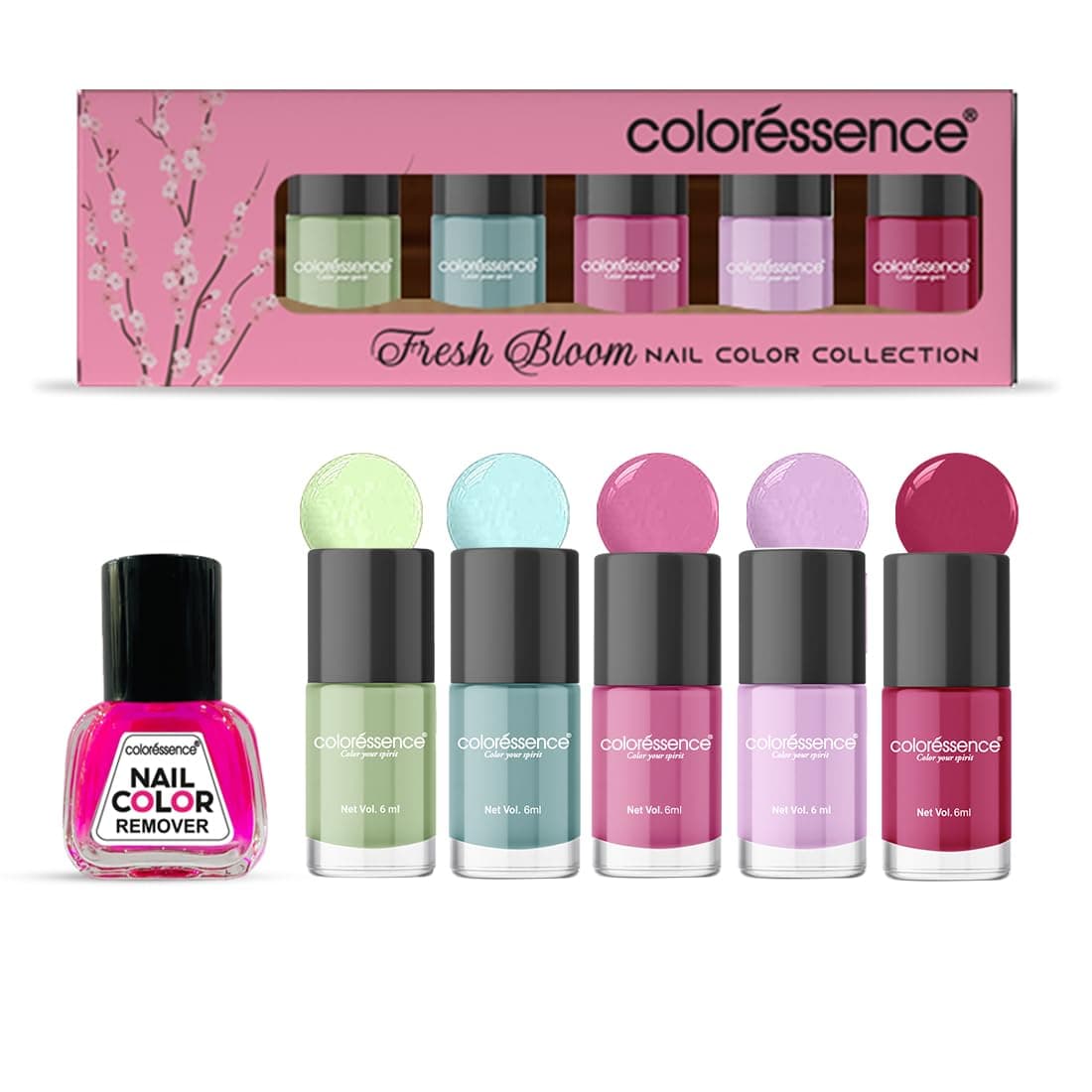 Coloressence Fresh Bloom Nail Paint Kit, Set of 5 with FREE Nail Polish Remover | Glossy Finish | Quick Dry | Chip Resistant