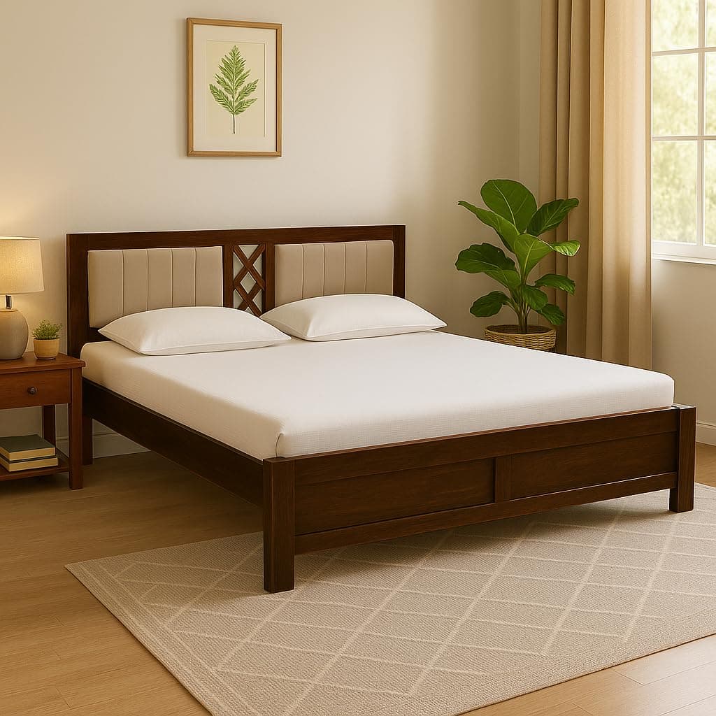 EXCEL HOME Solid Sheesham Wood King Size Bed Without Box Storage | Wooden Double Bed & Upholstered Cushined Headboard for Bedroom | Rosewood, Scratch Resistant Provincial Teak Finish