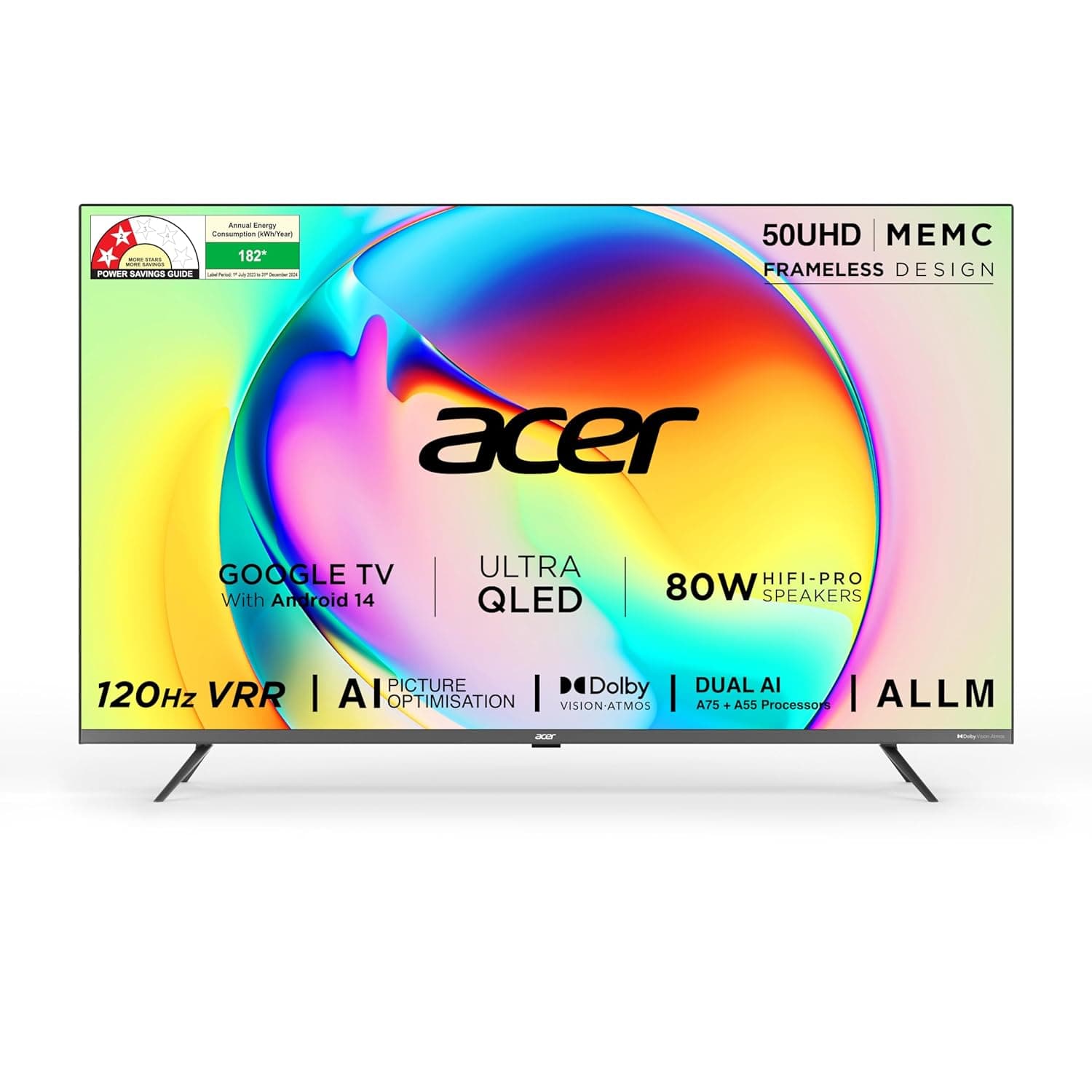 Acer 126 cm (50 inches) Super Series 4K Ultra HD Smart QLED Google TV AR50QDXGU2875AT (Black)
