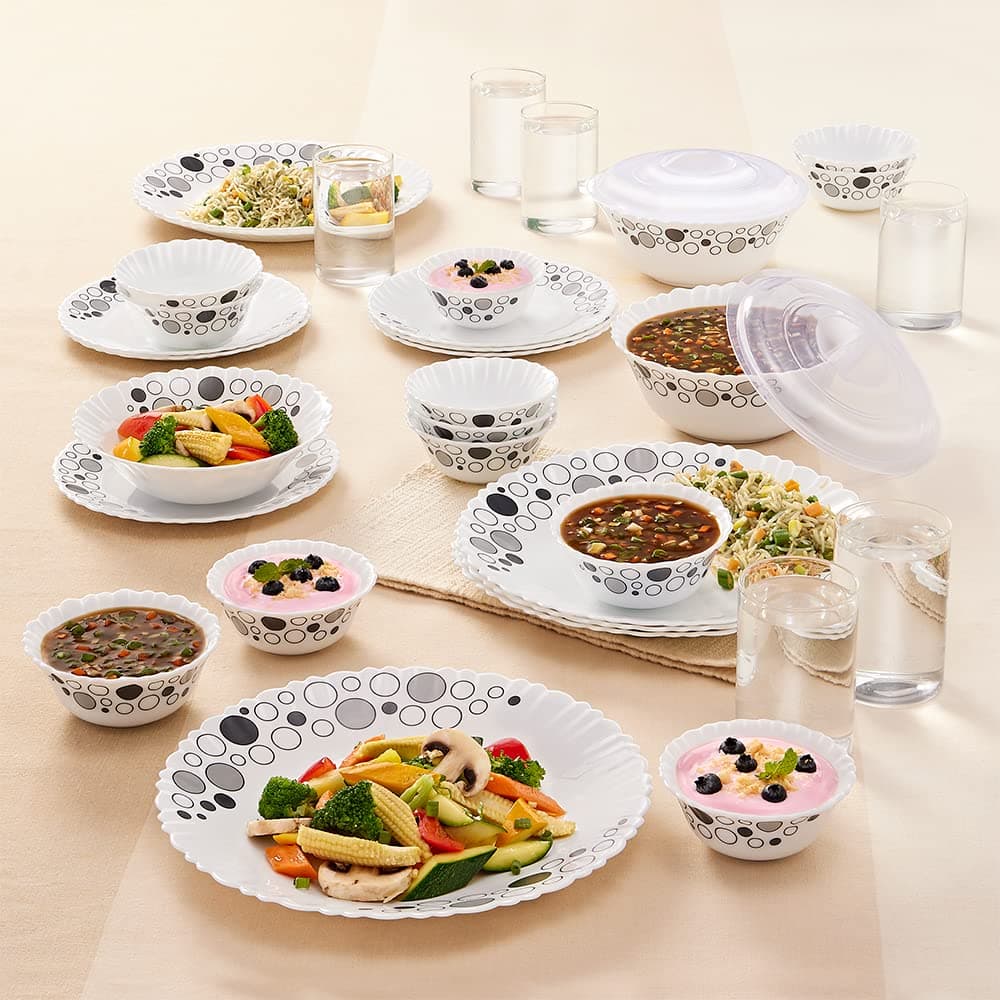 Larah By Borosil Luna Silk Series Opalware Dinner Set with Glasses, 35 Pieces for Family of 6, Microwave & Dishwasher Safe, Bone-Ash Free, Crockery Set for Dining & Gifting, Plates & Bowls, White