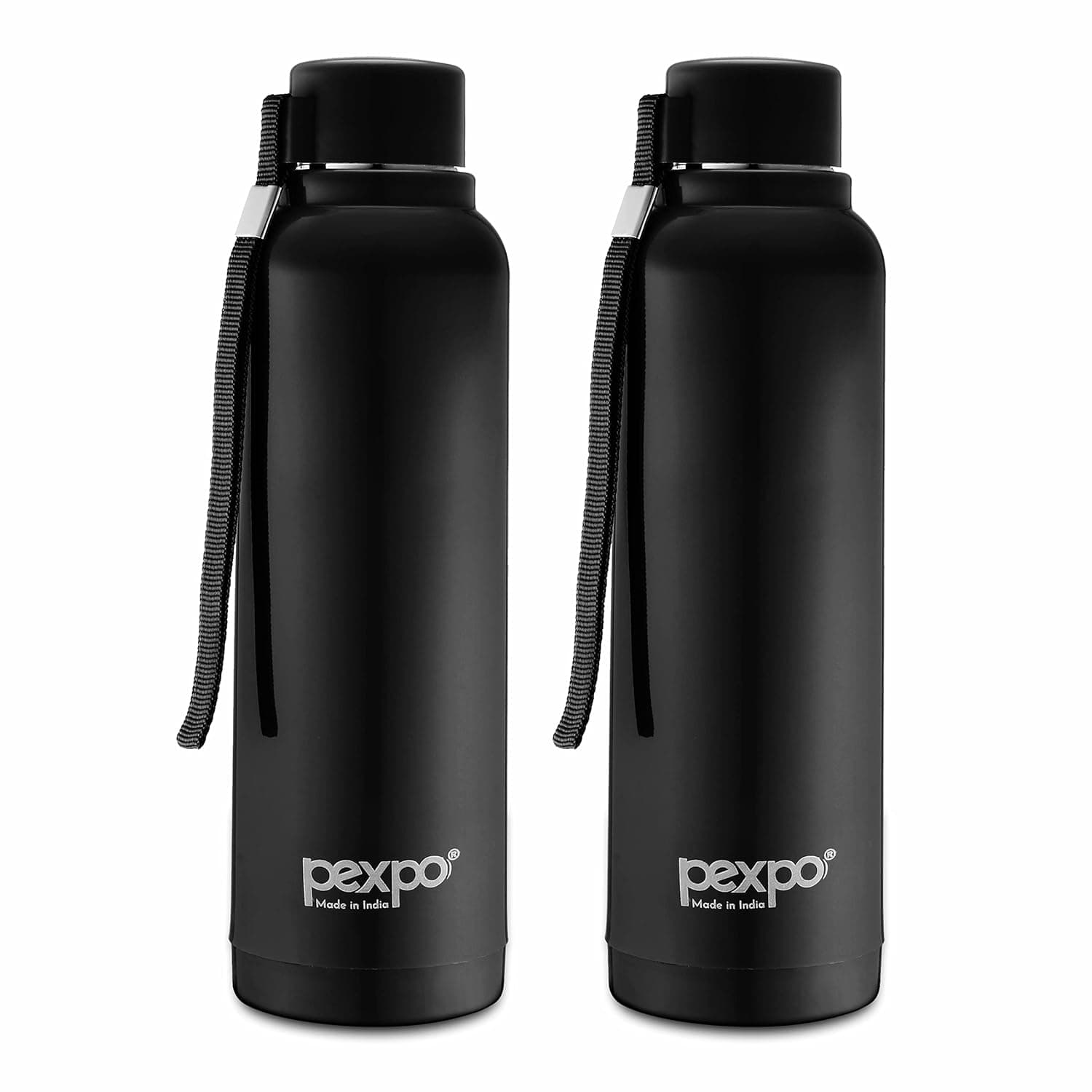 Go24 pexpo Stereo 900 PU Insulated Water Bottle for Adult - 680ml | Wide Mouth Cap | Leakproof & BPA Free| Stainless Steel | Carry Loop | for School, Sports, Travel, Picnic, Outdoor - Black Pack of 2