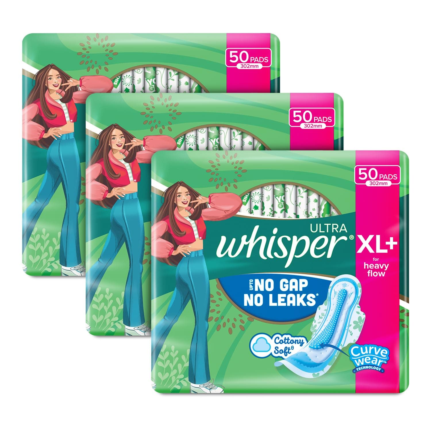 WHISPER ULTRA HYGIENE+COMFORT SANITARY PADS, 150 XL+ PADS, FOR HEAVY FLOW, LONG LASTING PROTECTION, LOCKS ODOUR & WETNESS, DRY TOP SHEET, DISPOSABLE WRAPPER