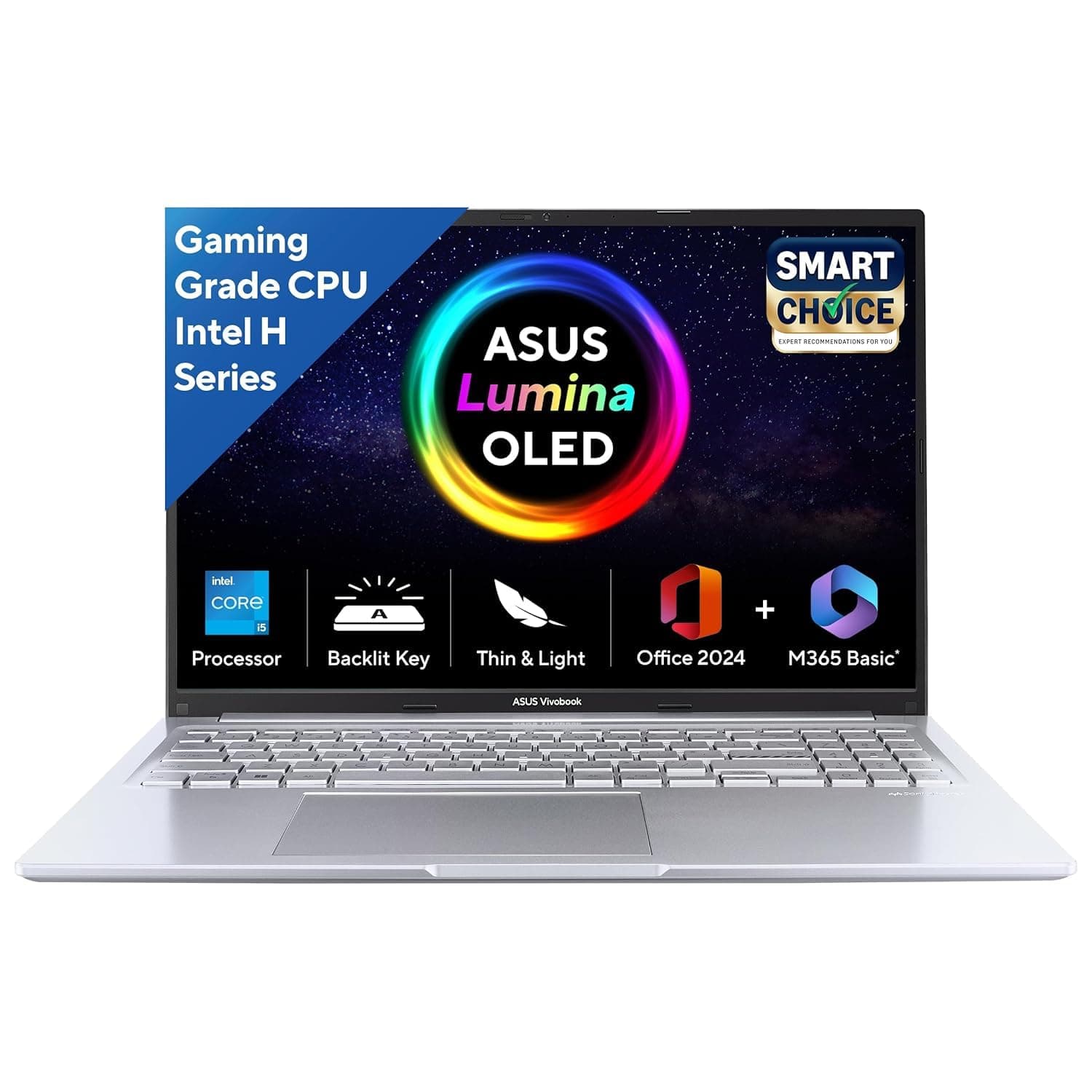 ASUS Vivobook 16,Smartchoice, 13th Gen, Intel Core i5-13420H,16GB RAM,512GB SSD,FHD, OLED,Win 11,M365 Basic (1Y),Backlit Keyboard,Office 2024,Silver,1.88 kg,X1605VA-SH1952WS, Thin & Light Laptop
