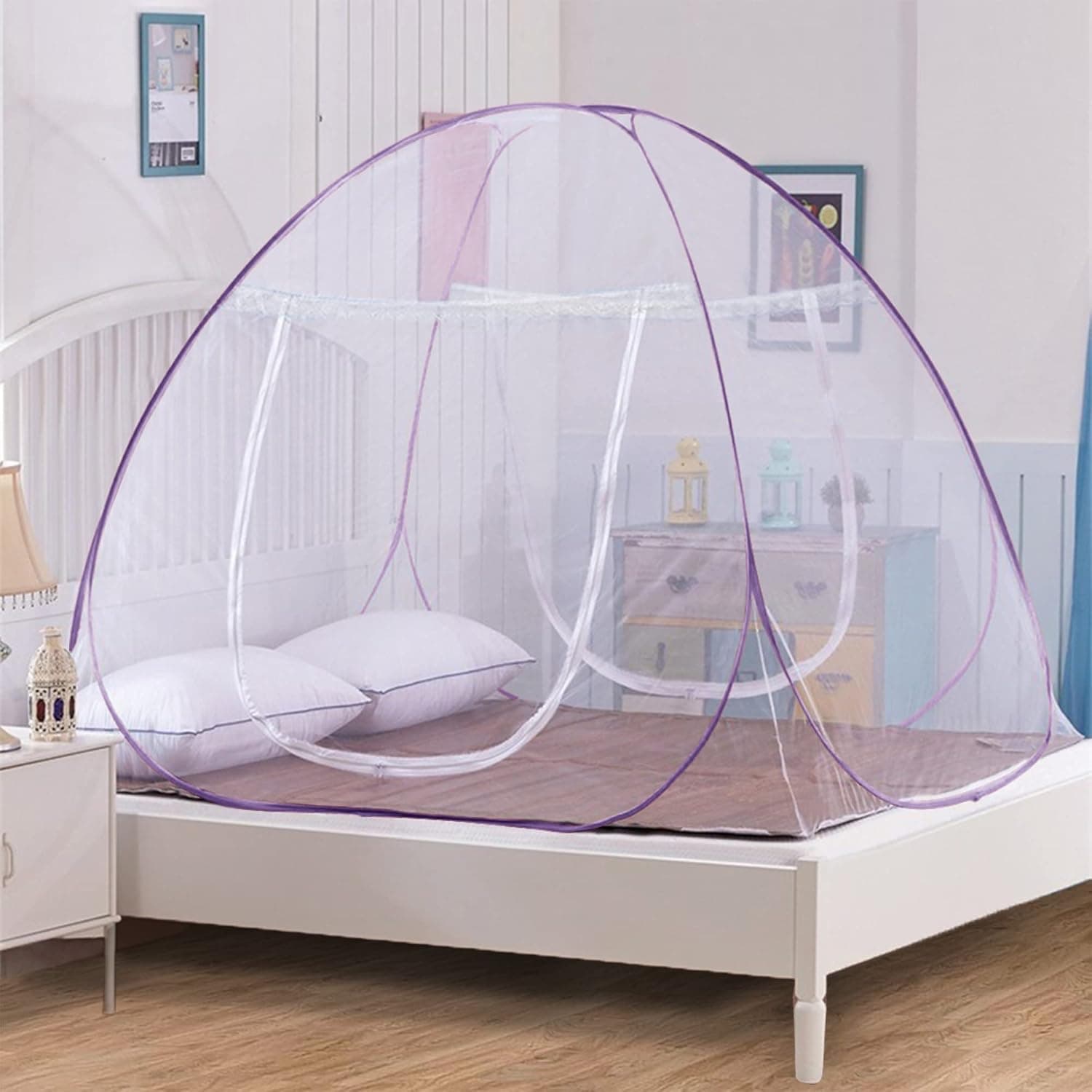 Story@Home Foldable Mosquito Net(King Size/Queen-XL Size Double Bed) (Purple) 2 Side Zipper Opening in Doors & Out Doors