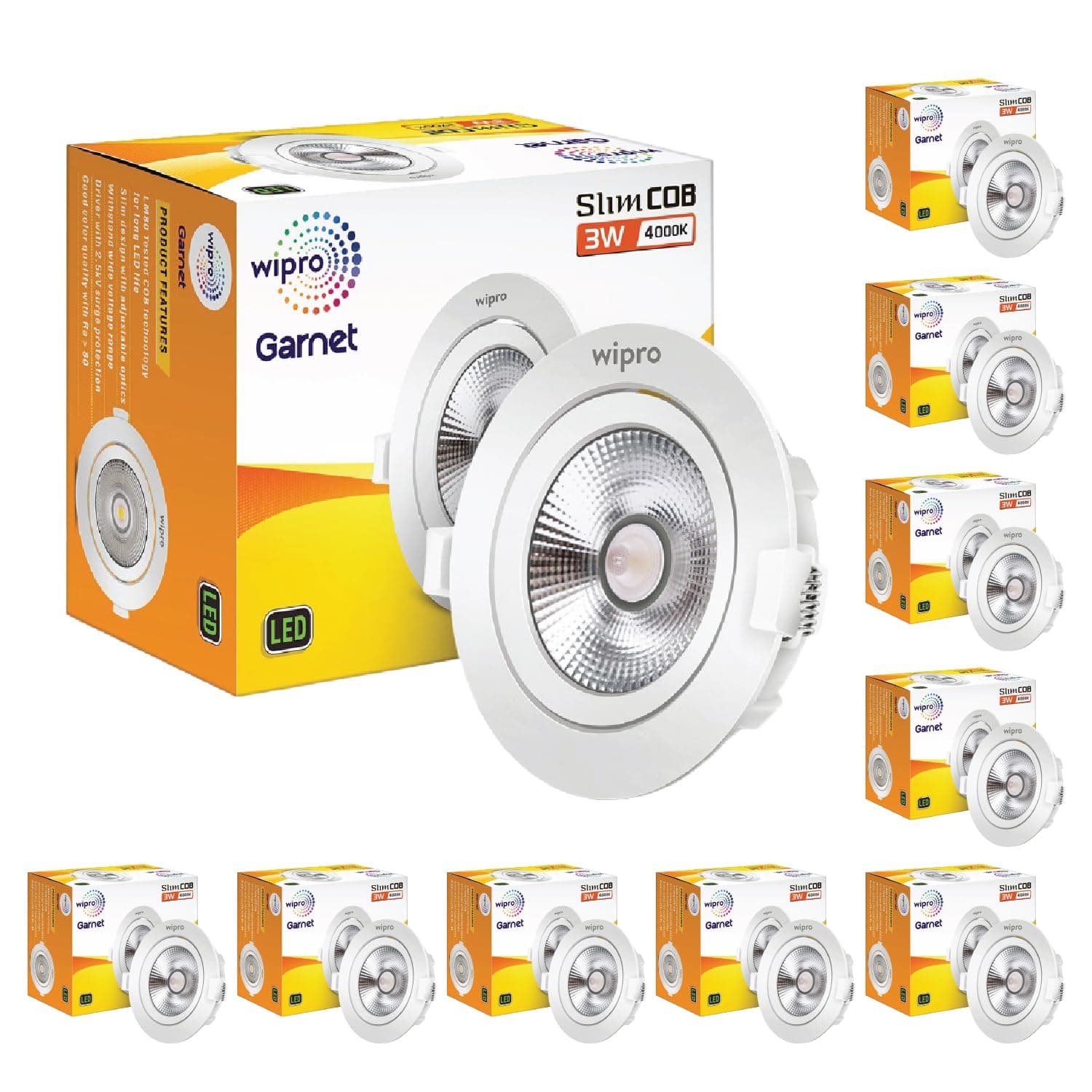 wipro Garnet 3 W Slim COB Downlight for False Ceiling | Neutral White (4000K) | Ceiling or Cabinet Light with Adjustable Optics | Pack of 10
