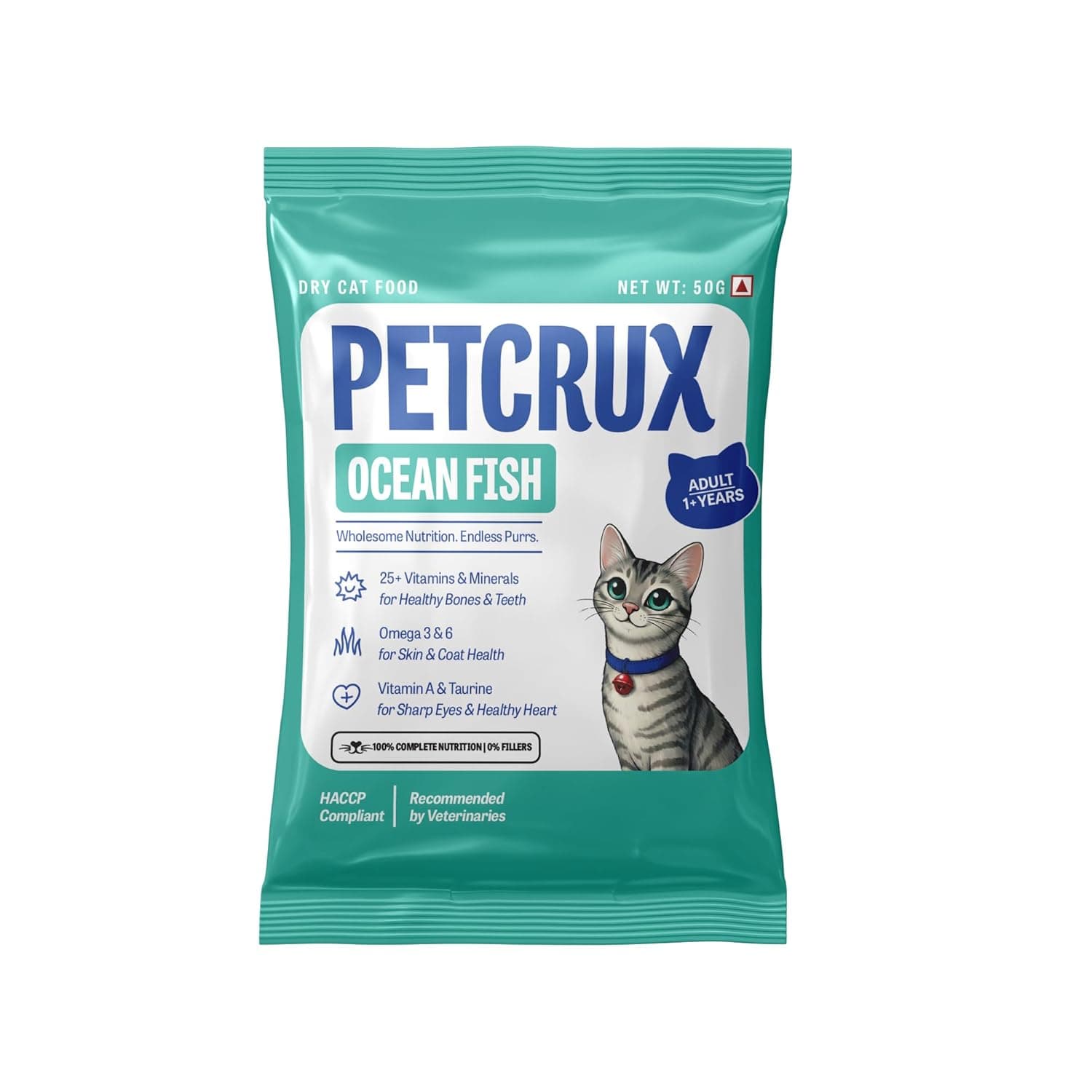 Petcrux Dry Adult Cat Food, Ocean Fish Flavor, with Omega 3 & 6 and Taurine, Complete & Balanced Nutrition for Adult Cats, Trial Pack 50 g