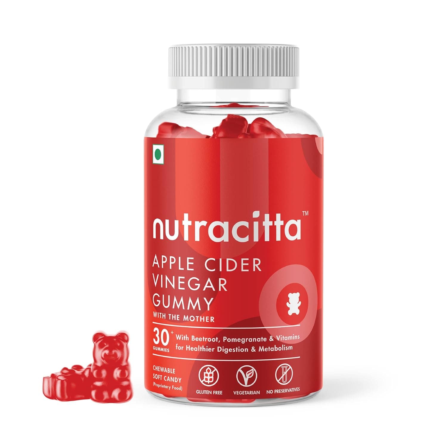 Vegan Apple Cider Vinegar Gummies with Vitamins B12 & B9 For Men & Women | ACV with Mother, Beetroot & Pomegranate |Improves Heart & Digestive Health | 30 Gummies