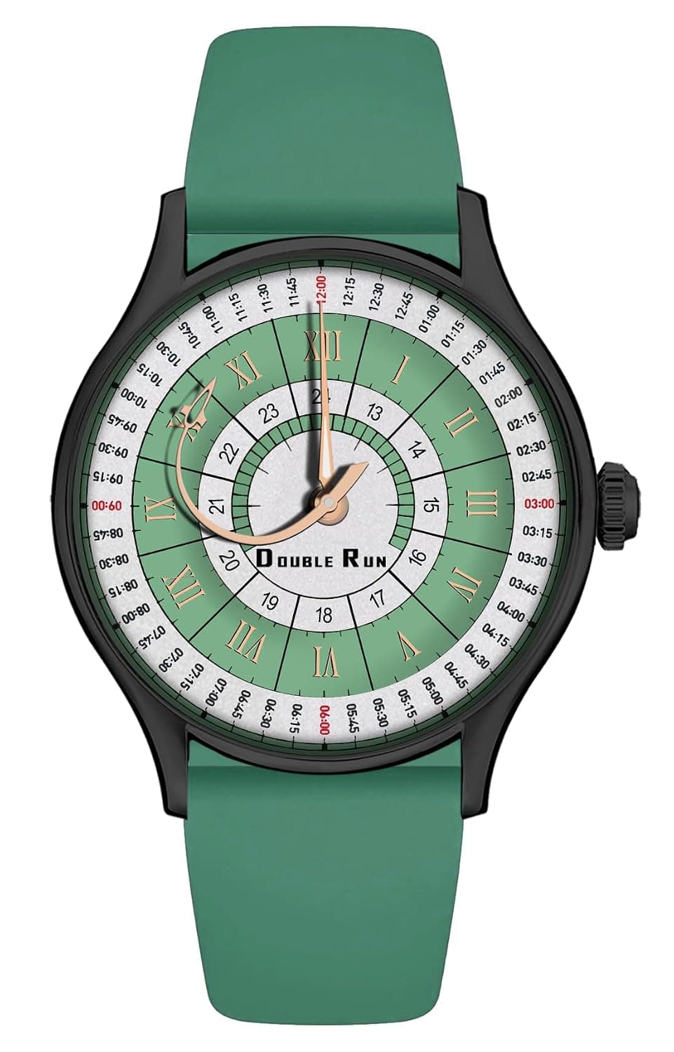 DOUBLERUN Black Case Silicone Strap, 24-Hour Display, Roman Numerals, Analog Watch