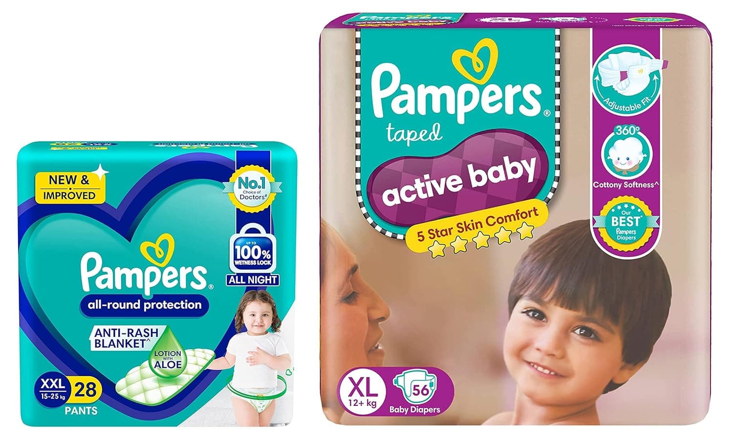 Pampers XXL Size, XL Size Diaper Pants & Active Baby Diapers, 28 Count + 56 Count
