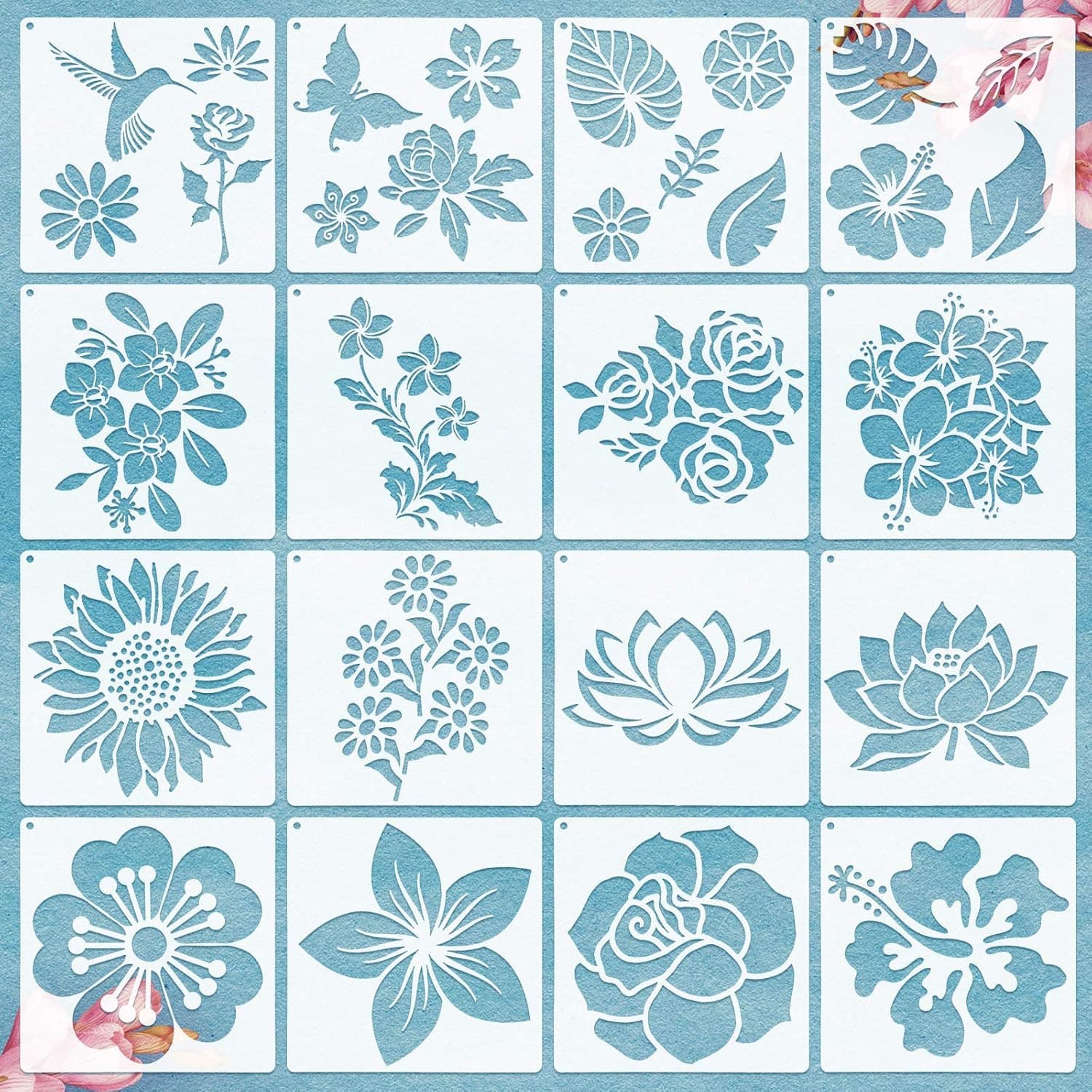 Zonon 16 Pieces Flower Stencil - Rose, Sunflower, Bird, Leaf Drawing Template - Reusable Metal Open Ring for Painting on Wood Wall Decor (5.1 x 5.1 Inch)