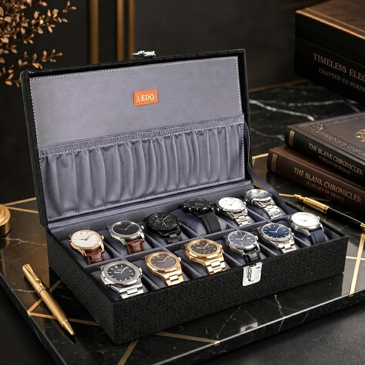 LEDO Men's and Women's Watch Box Organizer Case with 12 Slots in Black Color with Gray Velvet