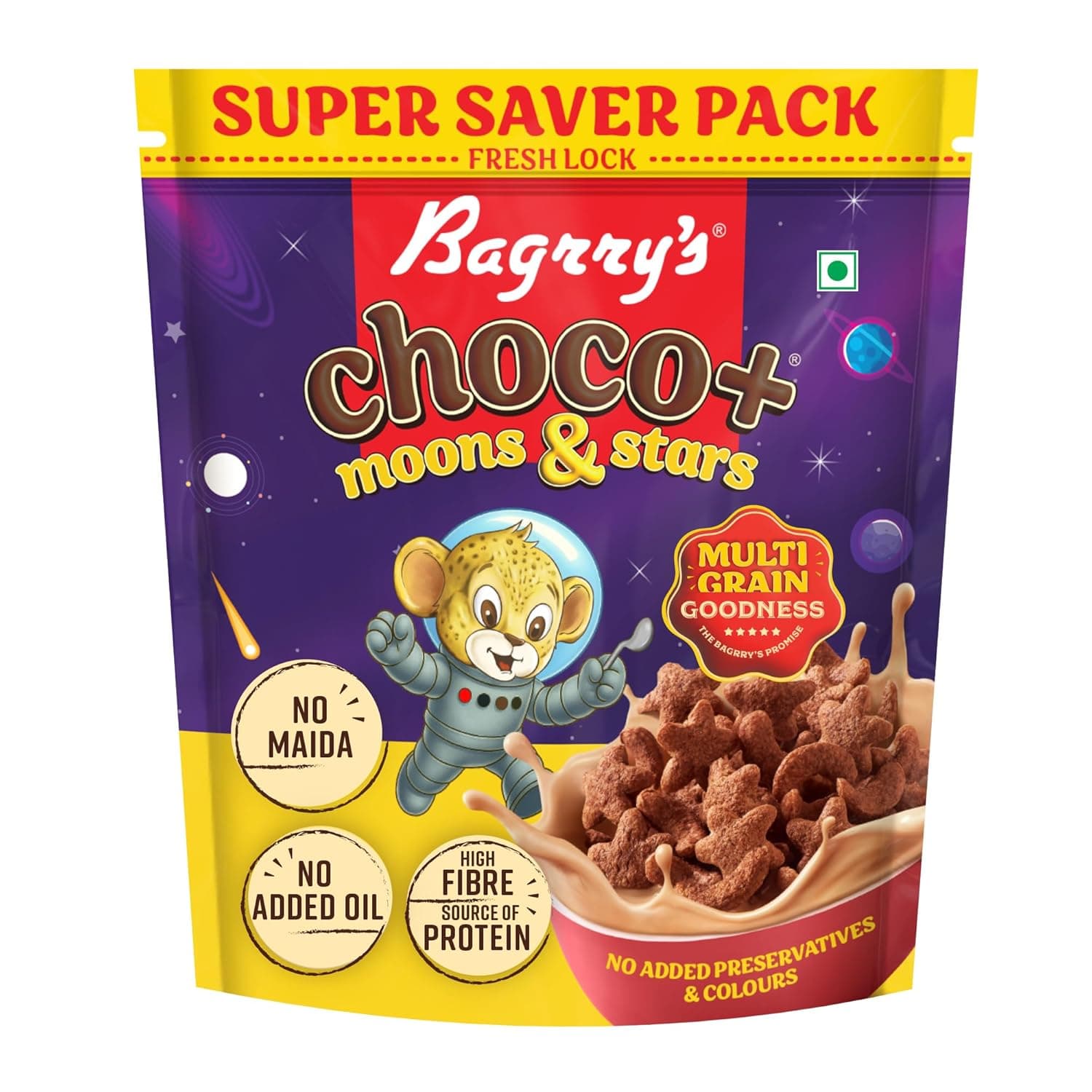 Bagrry's Choco+ MOONS AND STARS - 1.2 kg | Multigrain Goodness | No Maida | More Chocolaty | Oats, Whole Wheat & Rice | High Fibre, Protein, Calcium | Delicious Breakfast Cereal for Kids & Adults