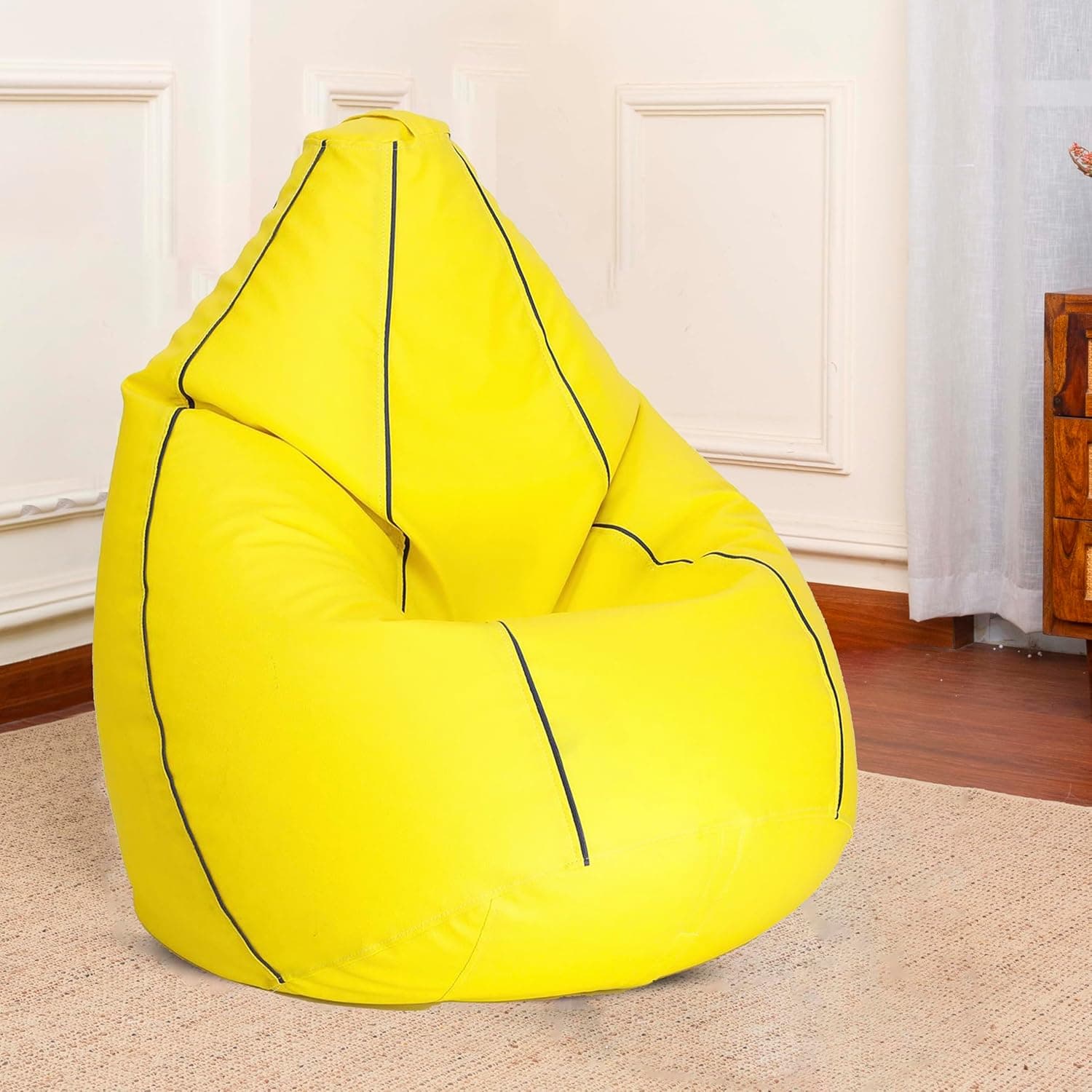Sattva Classic Piping XXXL Bean Bag with Pocket Filled with Beans | Faux Leather Teardrop Bean Bag for Adults & Teens | Pre-Filled Comfortable Seating for Home, Bedroom – Yellow with Navy Blue Piping