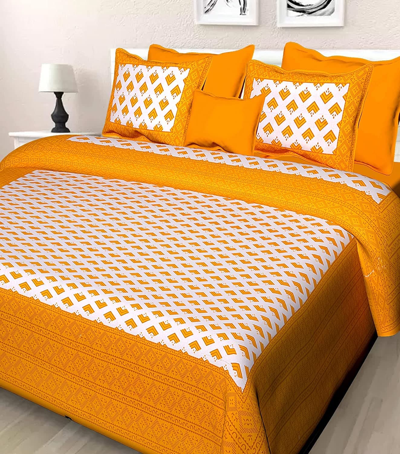 JAIPUR PRINTS 100% Cotton Rajasthani Jaipuri Traditional King Size Double Bedsheet with 2 Pillow Covers (Queen Size, Multicolour01
