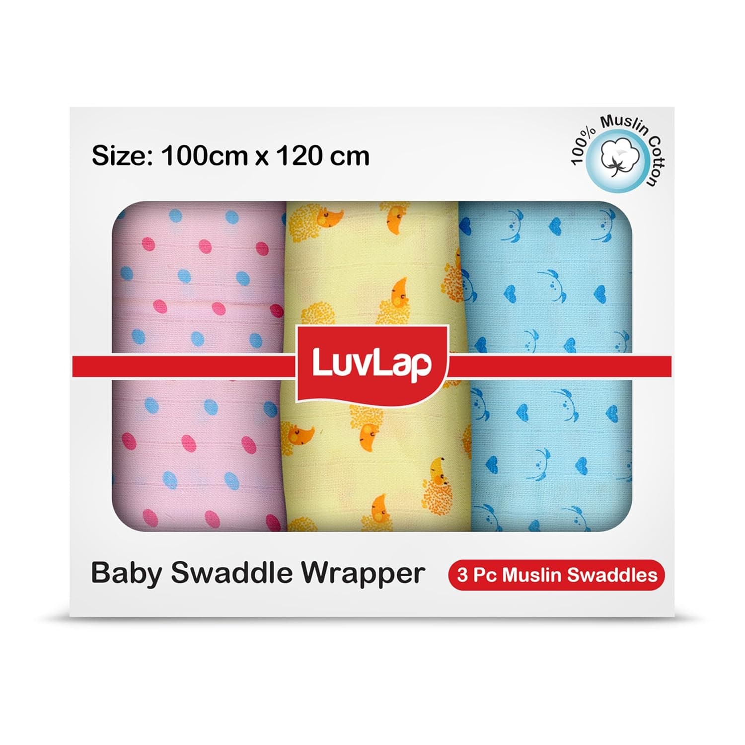 LuvLap 100% Cotton Muslin Baby Swaddle Set, Baby Towel, Size-120cm x 100cm (47"x39"), Dots Hearts Print, 0-18 Month+, Printed Mulmal Muslin Swaddle Wrap for New Born, Pack of 3