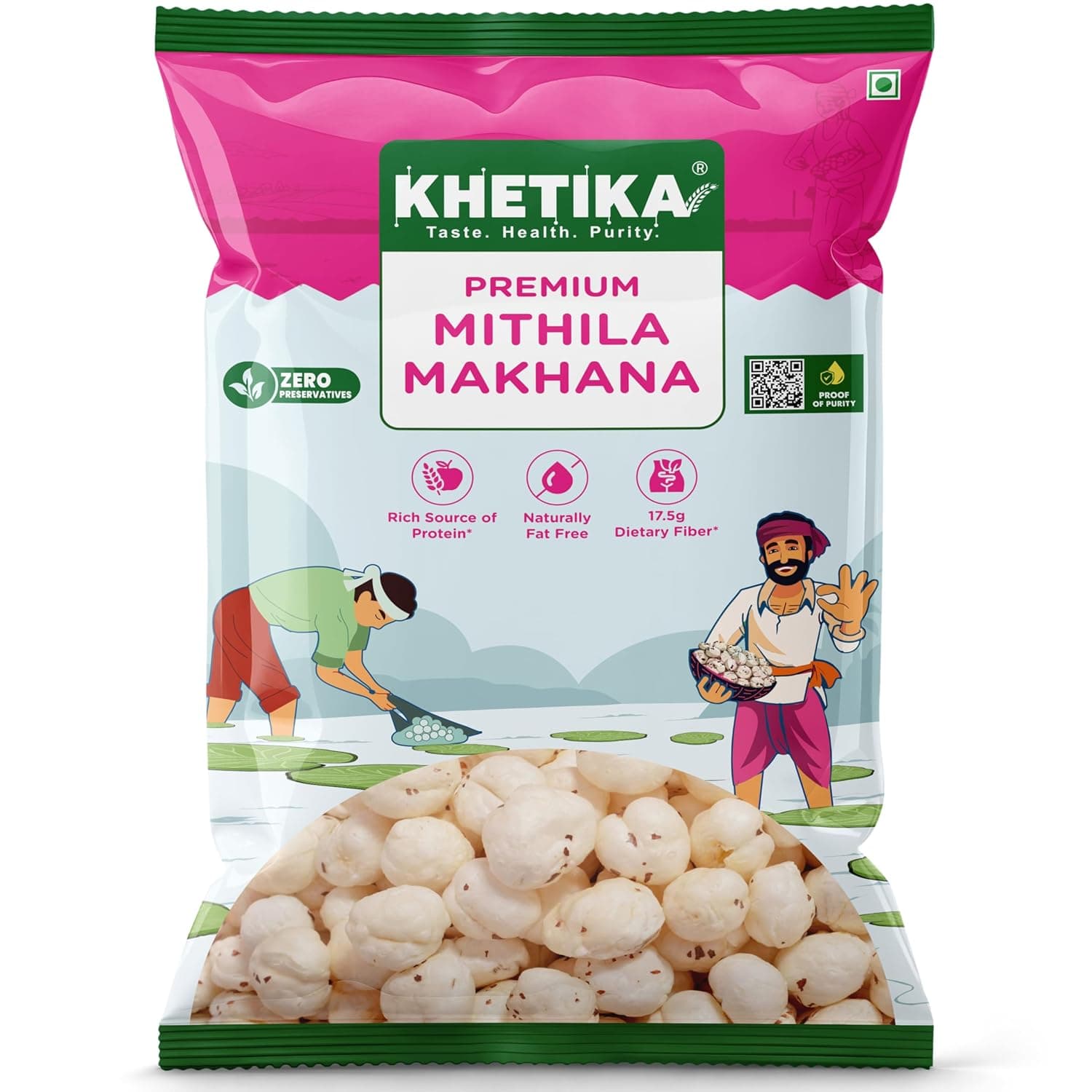 Khetika Premium Mithila Makhana 200g | Fit for Fasting, Foxnuts, Premium Lotus Puffs Seeds, Rich in Calcium, Natural & Crunchy, Direct from Farm, Pesticide Free