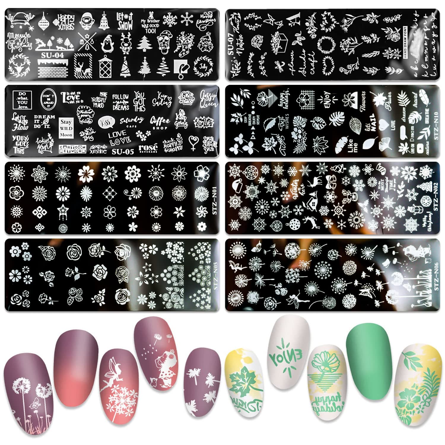 8 Pieces Nail Stamping Plate Set - Flower, Leaf, Holiday Designs for Manicure Art - Stencils and Plates Kit